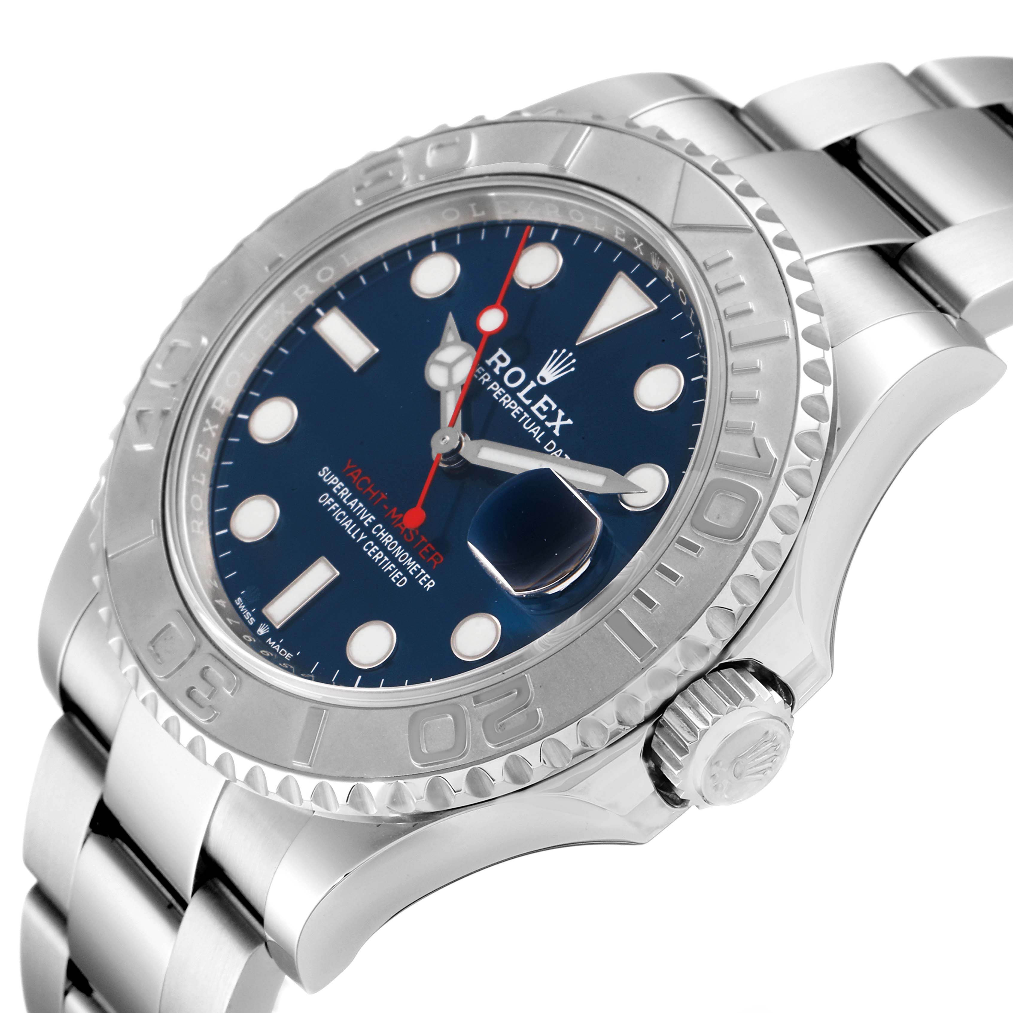 The image shows a close-up of the Rolex Yacht-Master 126622 Men's Stainless Steel Blue Dial 126622 Men's Stainless Steel Blue Dial watch, highlighting the face, bezel, and part of the bracelet.