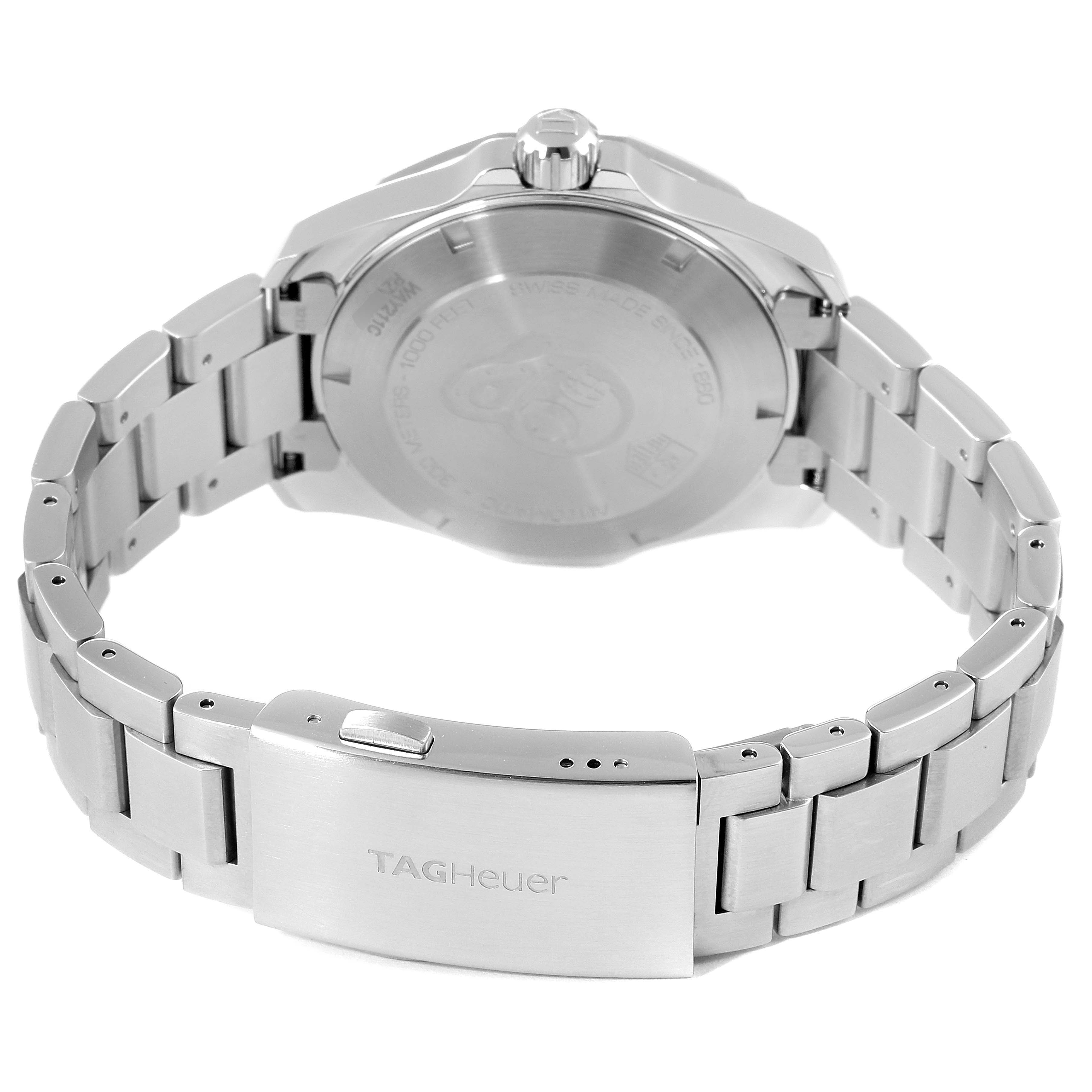 The image shows the back view of the Tag Heuer Aquaracer WAY211C.BA0928 Men
s Stainless Steel Blue Dial WAY211C.BA0928 Men
s Stainless Steel Blue Dial watch, highlighting the bracelet and the case back.