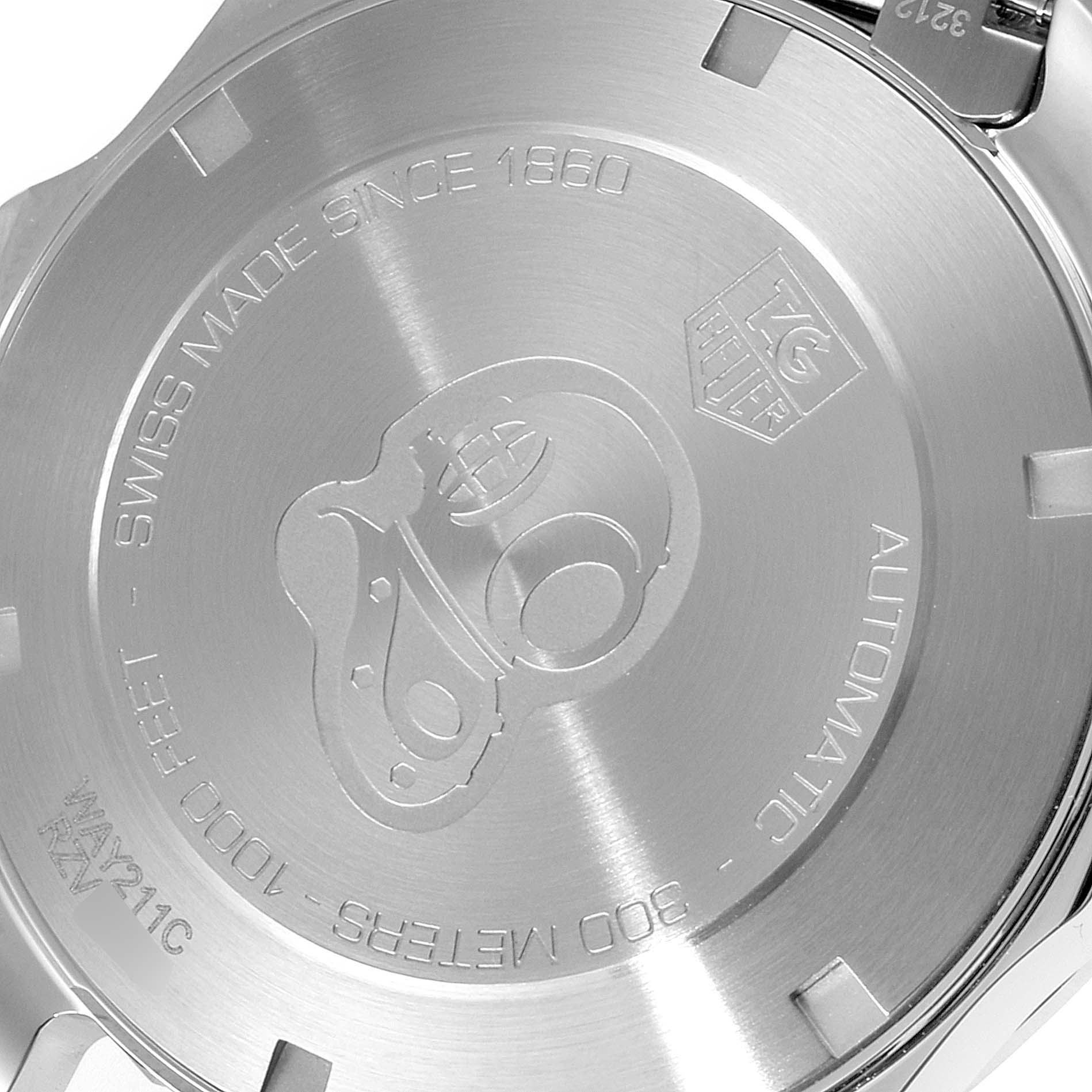 The image shows the case back of the Tag Heuer Aquaracer WAY211C.BA0928 Men
s Stainless Steel Blue Dial WAY211C.BA0928 Men
s Stainless Steel Blue Dial watch, detailing its specifications.