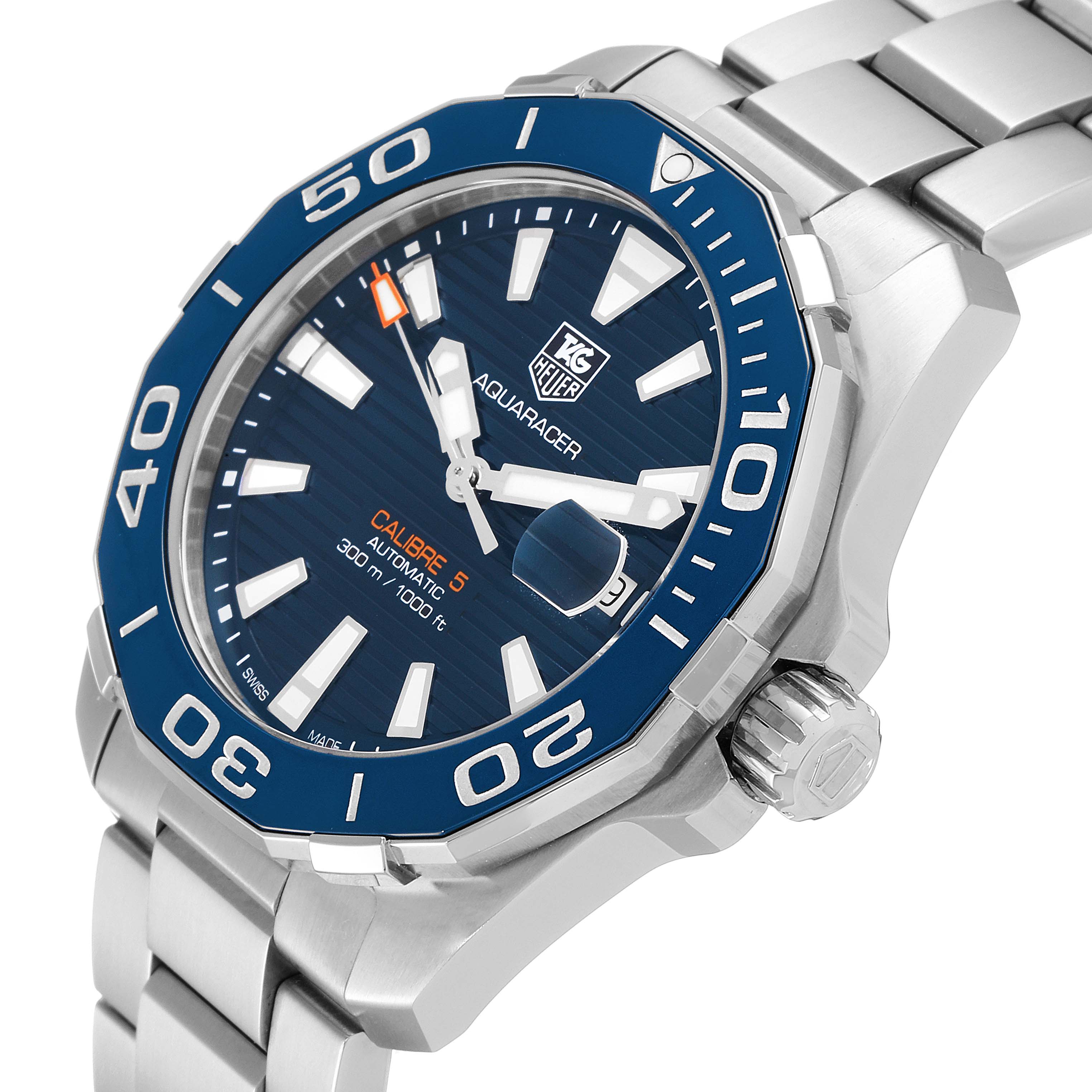 The image shows a close-up angle of the blue dial, bezel, and part of the stainless steel bracelet of the Tag Heuer Aquaracer WAY211C.BA0928 Men
s Stainless Steel Blue Dial WAY211C.BA0928 Men
s Stainless Steel Blue Dial watch.
