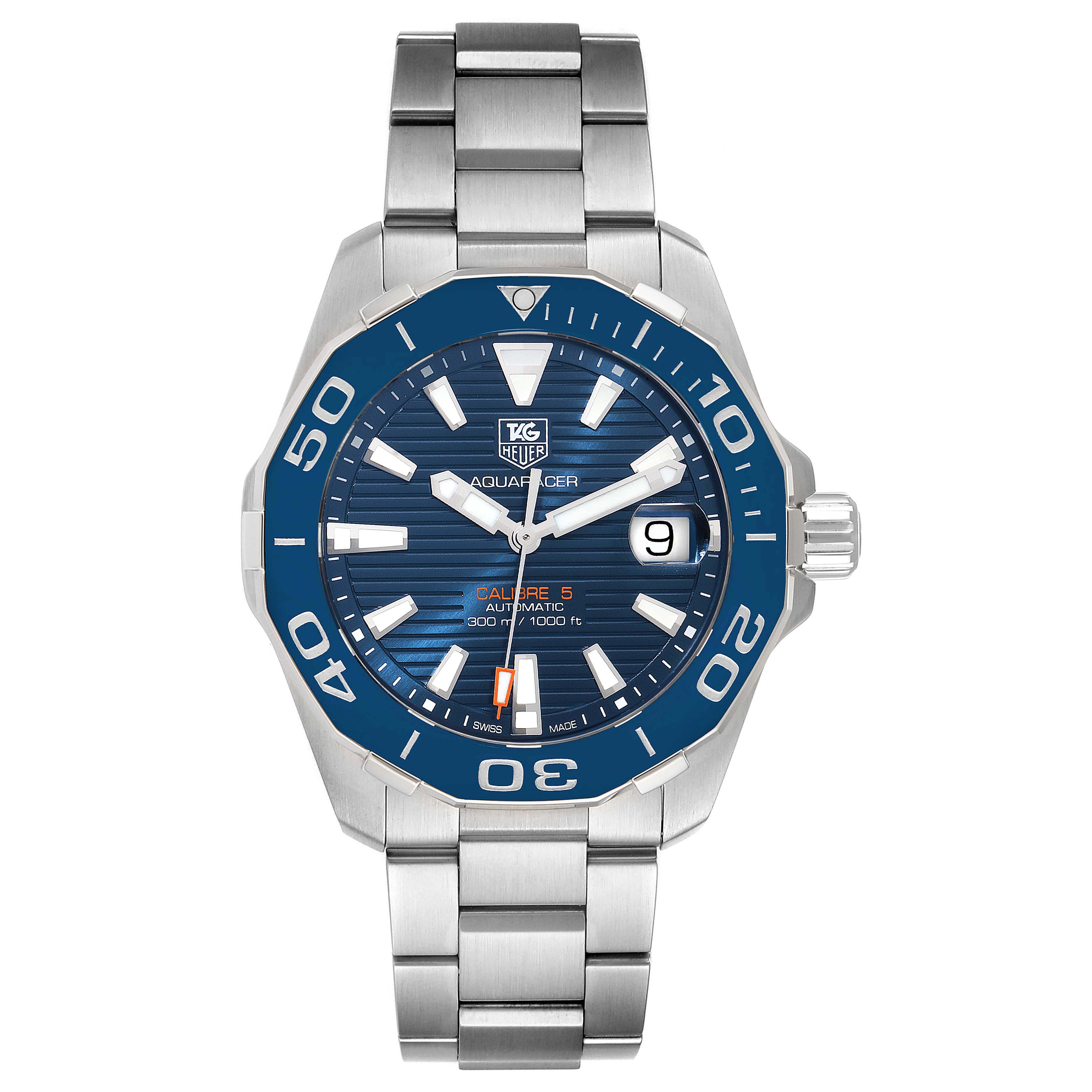 The image shows a front view of a Tag Heuer Aquaracer WAY211C.BA0928 Men
s Stainless Steel Blue Dial WAY211C.BA0928 Men
s Stainless Steel Blue Dial watch, highlighting the dial, bezel, and stainless steel bracelet.