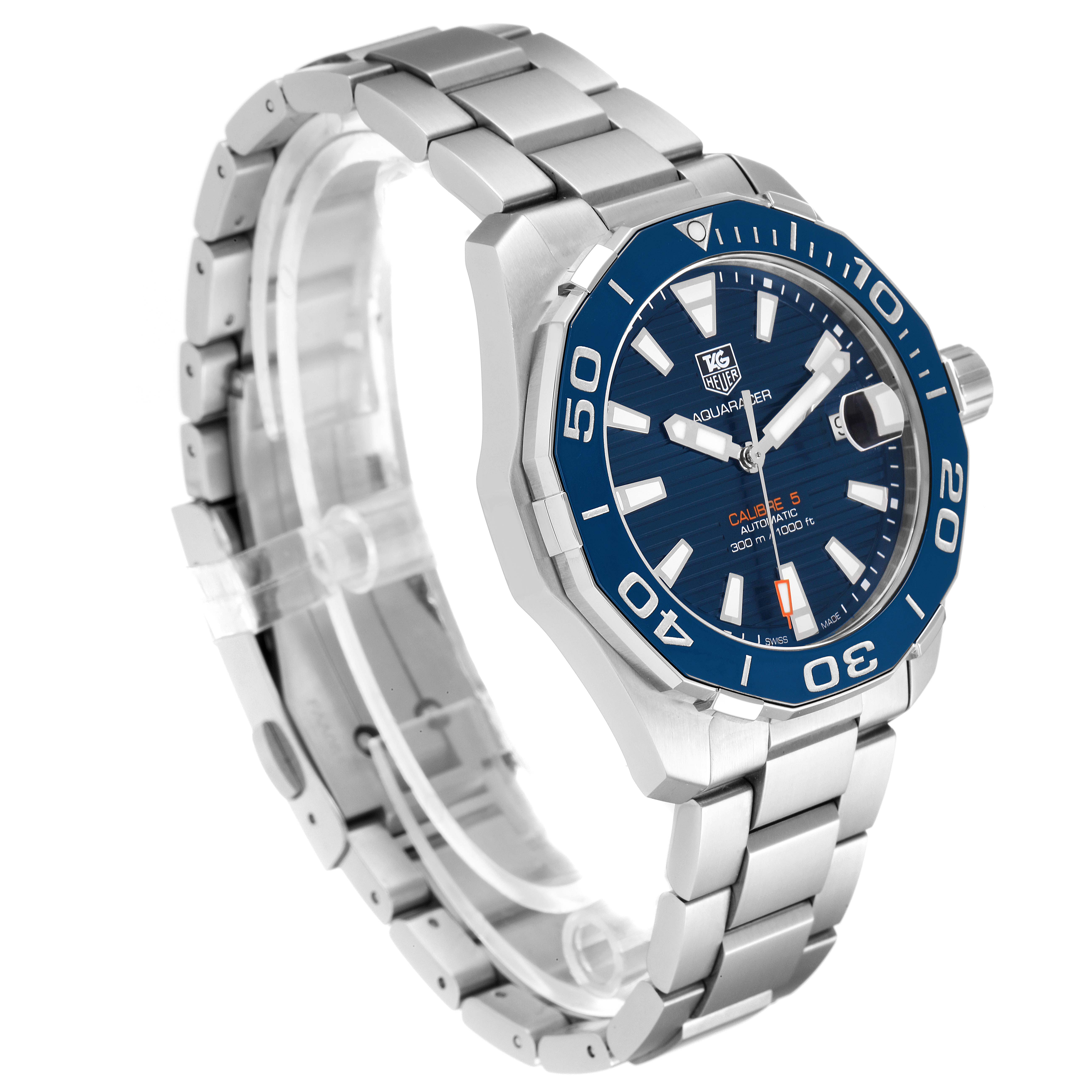 The Tag Heuer Aquaracer WAY211C.BA0928 Men
s Stainless Steel Blue Dial WAY211C.BA0928 Men
s Stainless Steel Blue Dial watch is shown at a three-quarter angle highlighting the face, bezel, bracelet, and crown.