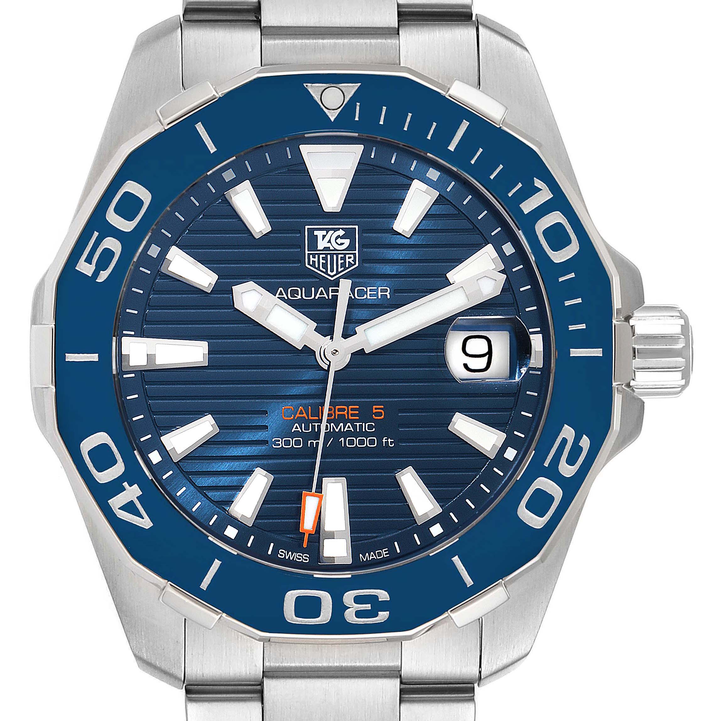 This is a close-up of the face of the Tag Heuer Aquaracer WAY211C.BA0928 Men
s Stainless Steel Blue Dial WAY211C.BA0928 Men
s Stainless Steel Blue Dial watch, highlighting the dial, bezel, date window, and crown.