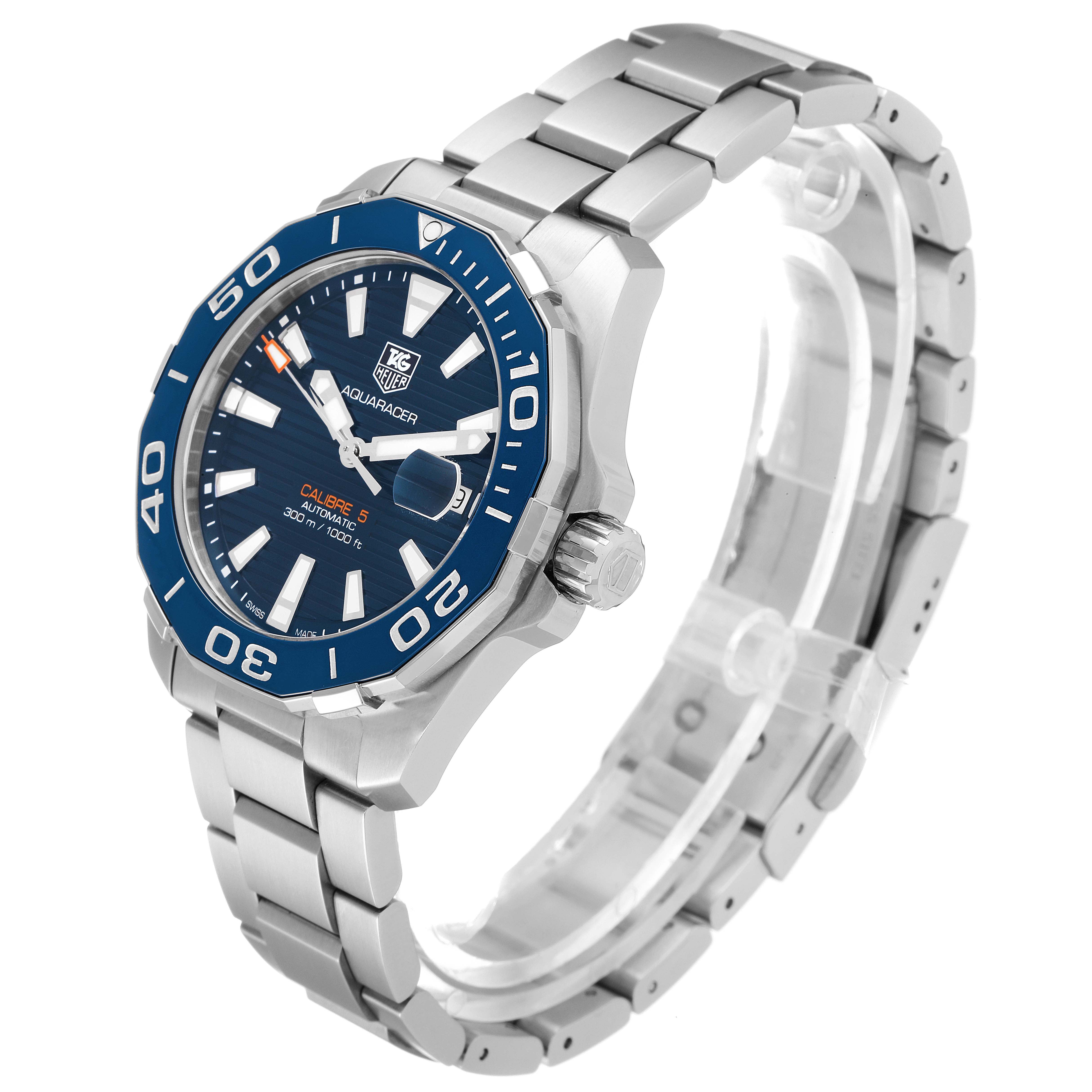 The image shows a Tag Heuer Aquaracer WAY211C.BA0928 Men
s Stainless Steel Blue Dial WAY211C.BA0928 Men
s Stainless Steel Blue Dial watch at a three-quarter angle, highlighting its bezel, dial, crown, and bracelet.