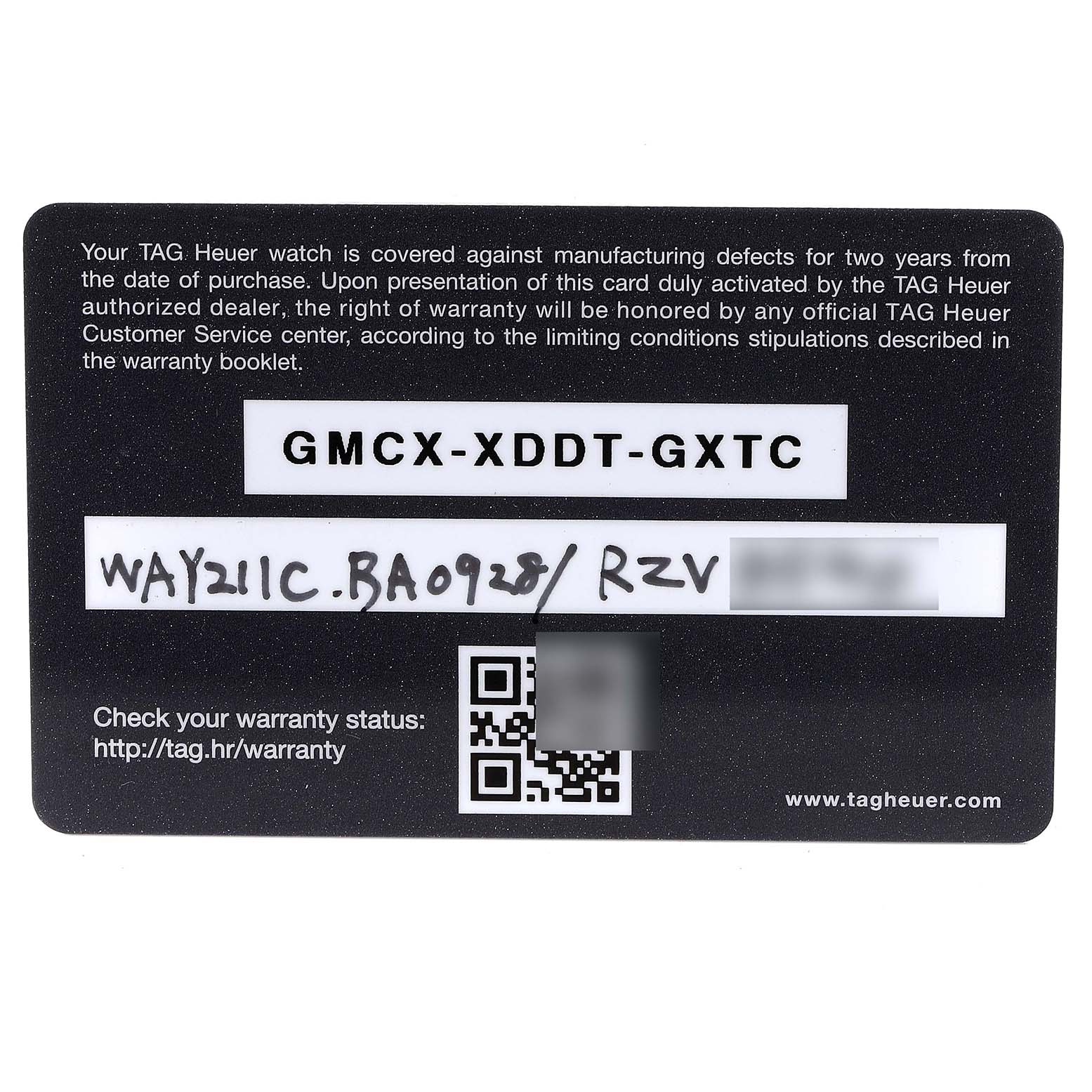 This image shows the front side of the warranty card for a Tag Heuer Aquaracer WAY211C.BA0928 Men
s Stainless Steel Blue Dial WAY211C.BA0928 Men
s Stainless Steel Blue Dial watch.
