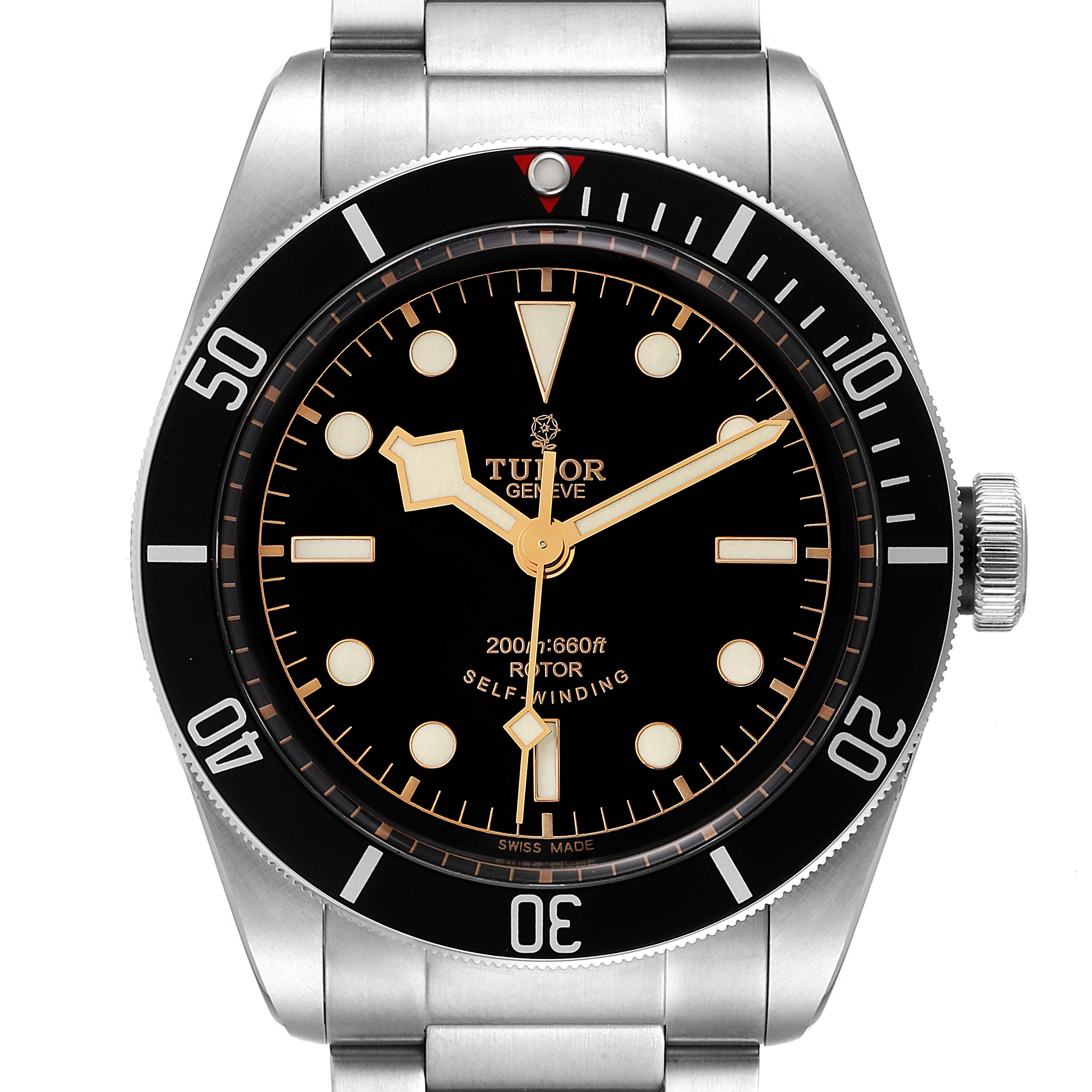 The image shows a front view of a Tudor Heritage Black Bay 79220 Men
s Stainless Steel Black Dial 79220 Men
s Stainless Steel Black Dial watch featuring the dial, bezel, case, and part of the bracelet.