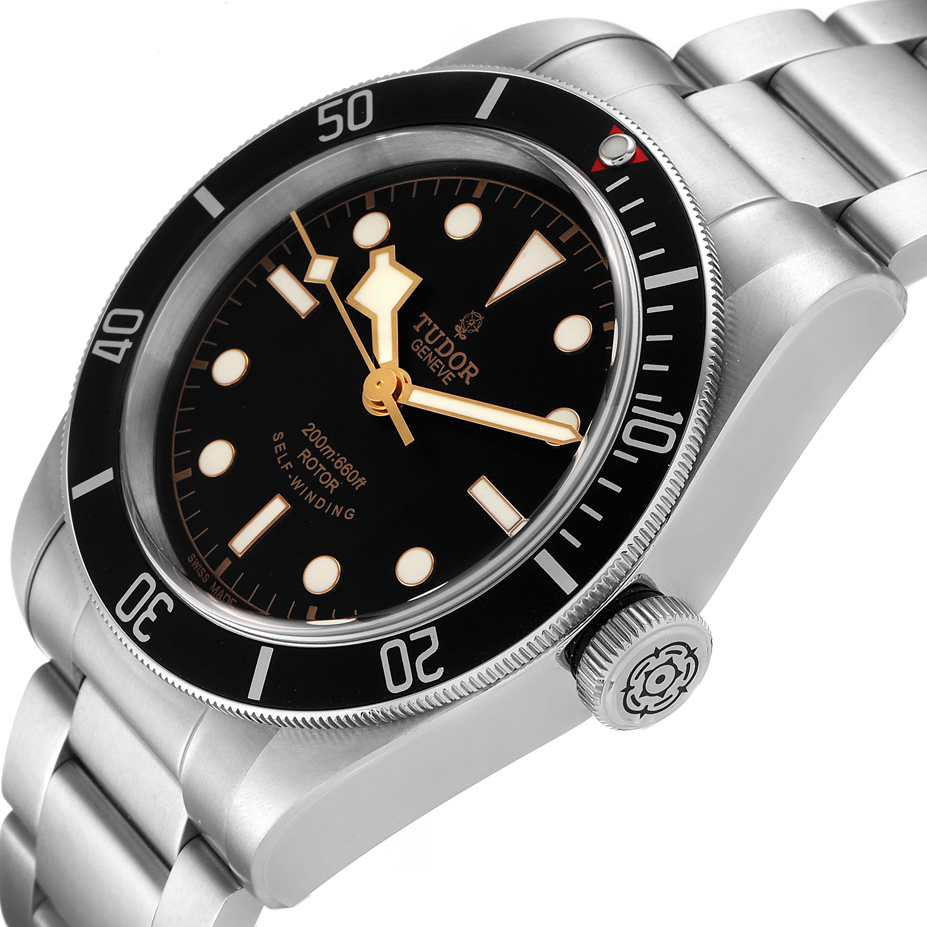 This image shows a close-up side angle of the Tudor Heritage Black Bay 79220 Men
s Stainless Steel Black Dial 79220 Men
s Stainless Steel Black Dial watch, highlighting the dial, bezel, and crown.
