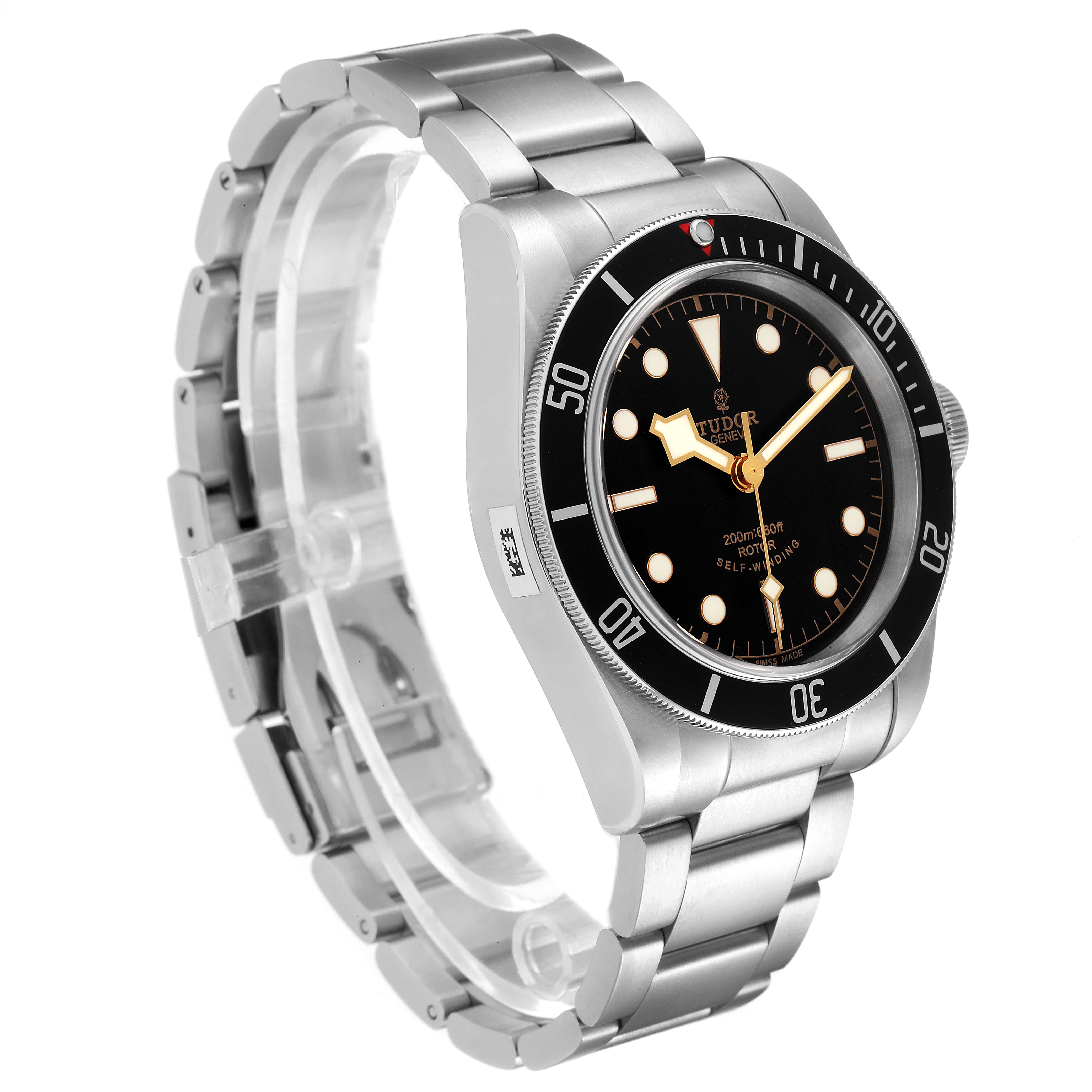 This image shows a Tudor Heritage Black Bay 79220 Men
s Stainless Steel Black Dial 79220 Men
s Stainless Steel Black Dial watch at a slight side angle, featuring its stainless steel case, bracelet, and black dial.