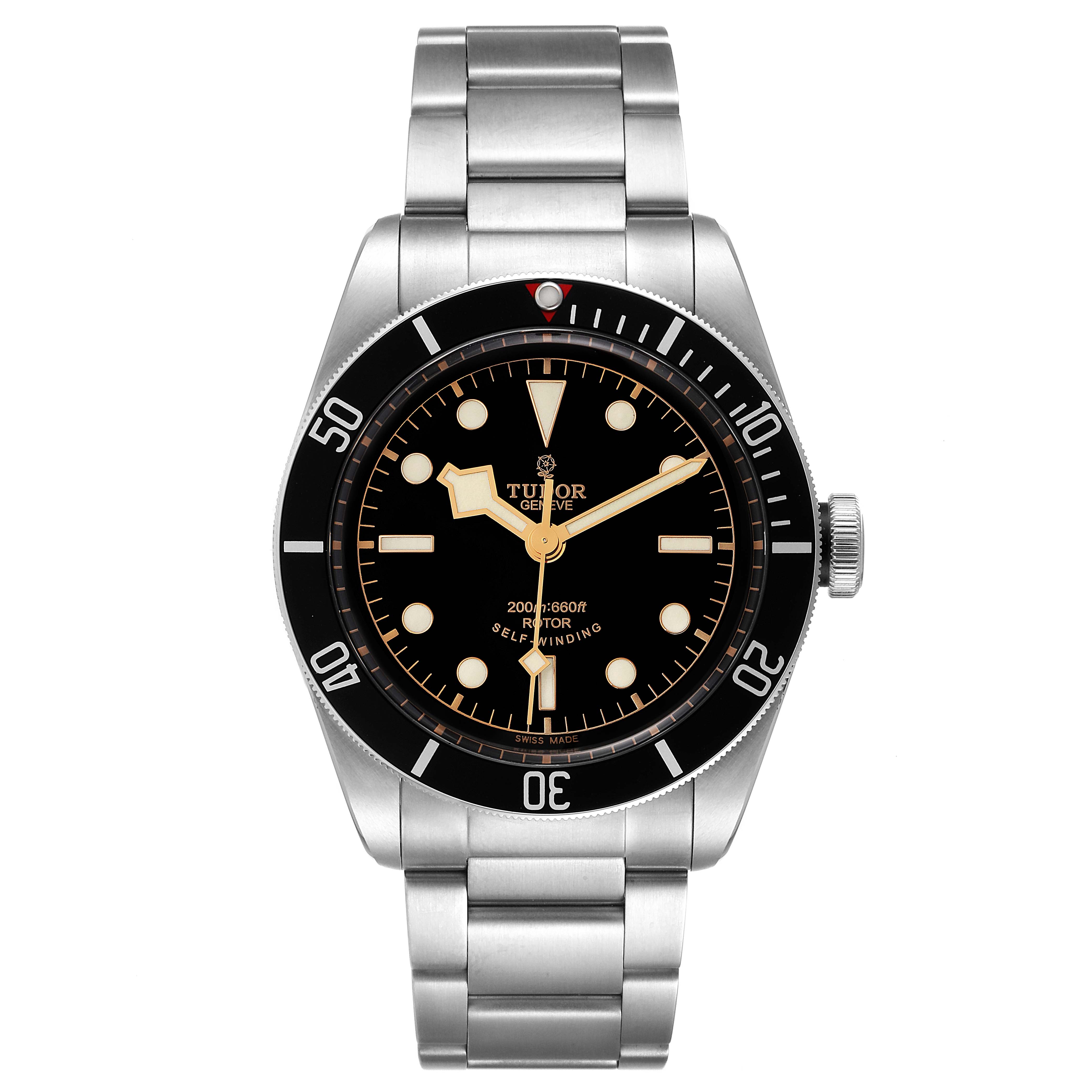 The image shows a front view of the Tudor Heritage Black Bay 79220 Men
s Stainless Steel Black Dial 79220 Men
s Stainless Steel Black Dial watch, displaying its dial, bezel, crown, and bracelet.
