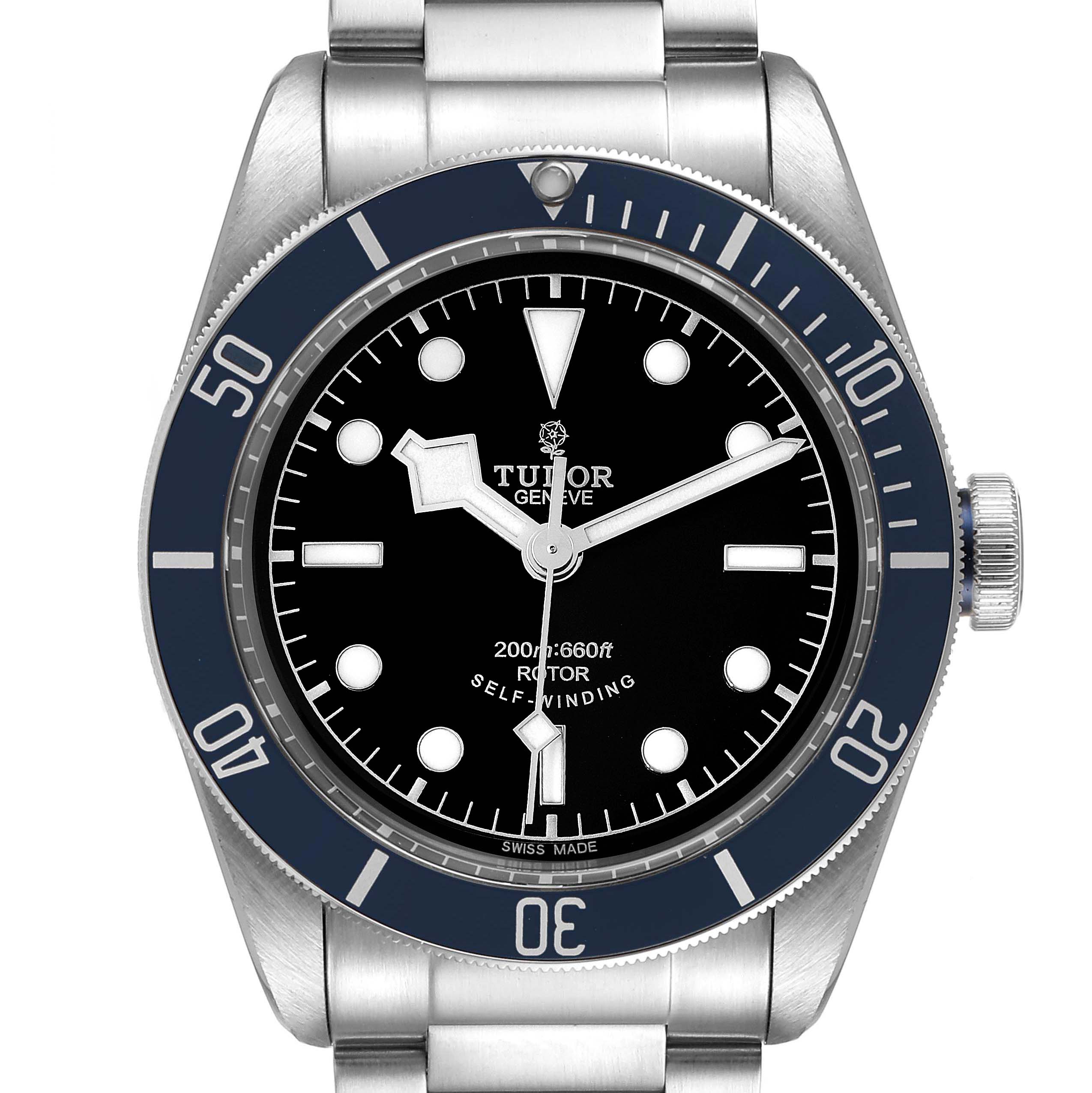 The image shows a front view of the Tudor Heritage Black Bay 79220 Men's Stainless Steel Black Dial 79220 Men's Stainless Steel Black Dial watch, highlighting its dial, bezel, and part of the bracelet.