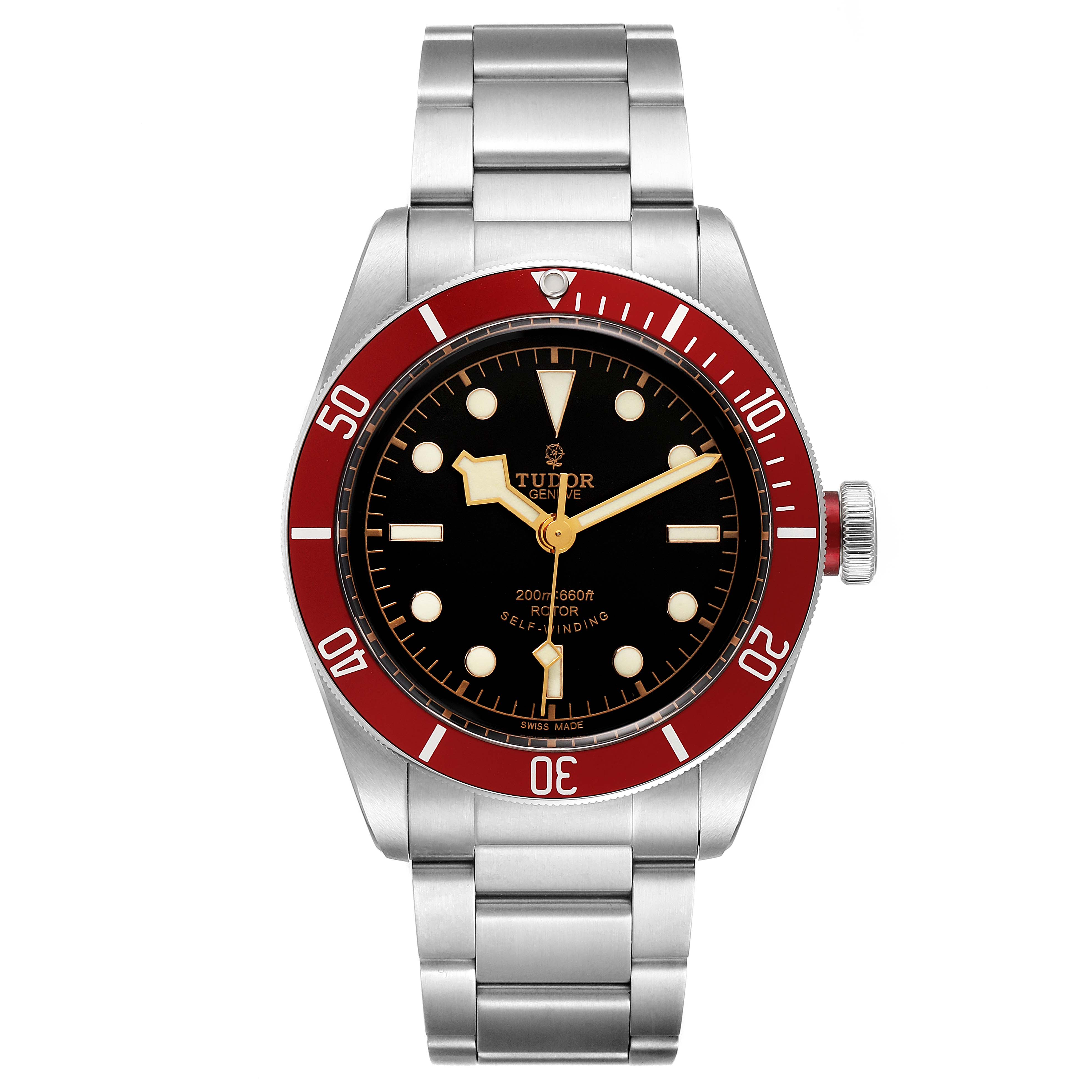 The image shows a front view of a Tudor Heritage Black Bay 79220R Men's Stainless Steel Black Dial 79220R Men's Stainless Steel Black Dial watch, featuring its dial, bezel, and metal bracelet.