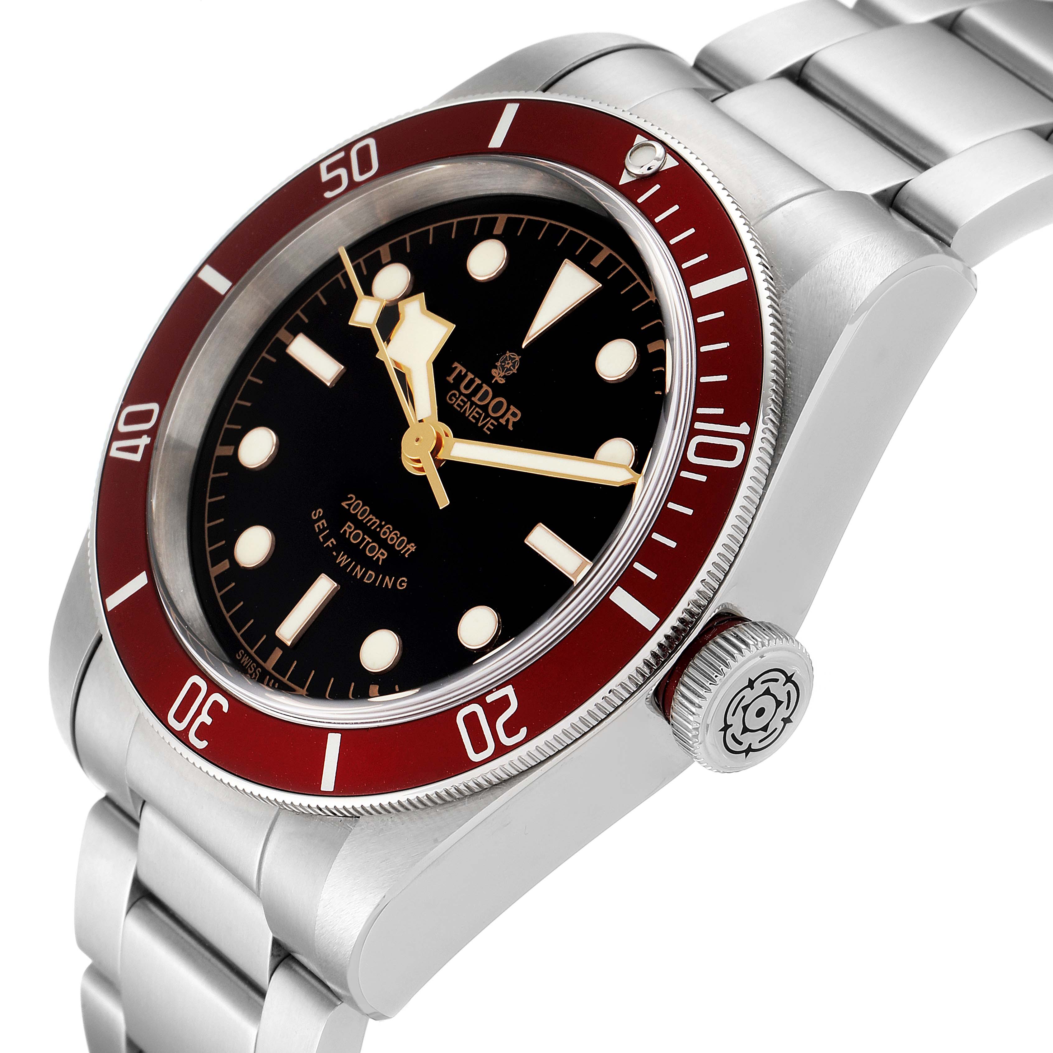 The Tudor Heritage Black Bay 79220R Men's Stainless Steel Black Dial 79220R Men's Stainless Steel Black Dial watch is shown at an angled close-up view, highlighting the dial, bezel, crown, and part of the bracelet.