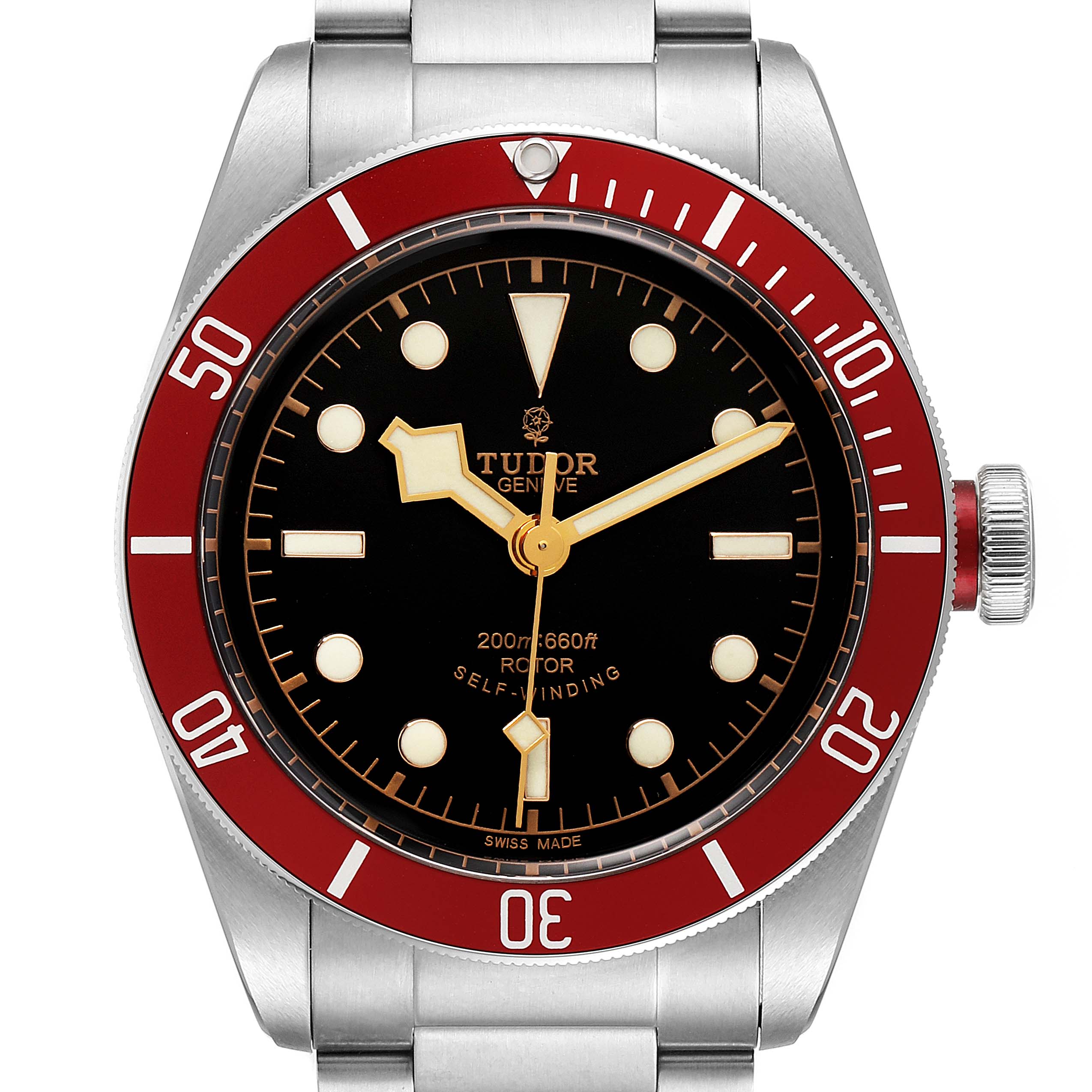 The image shows a front view of the Tudor Heritage Black Bay 79220R Men's Stainless Steel Black Dial 79220R Men's Stainless Steel Black Dial watch, highlighting the dial, bezel, and part of the bracelet.