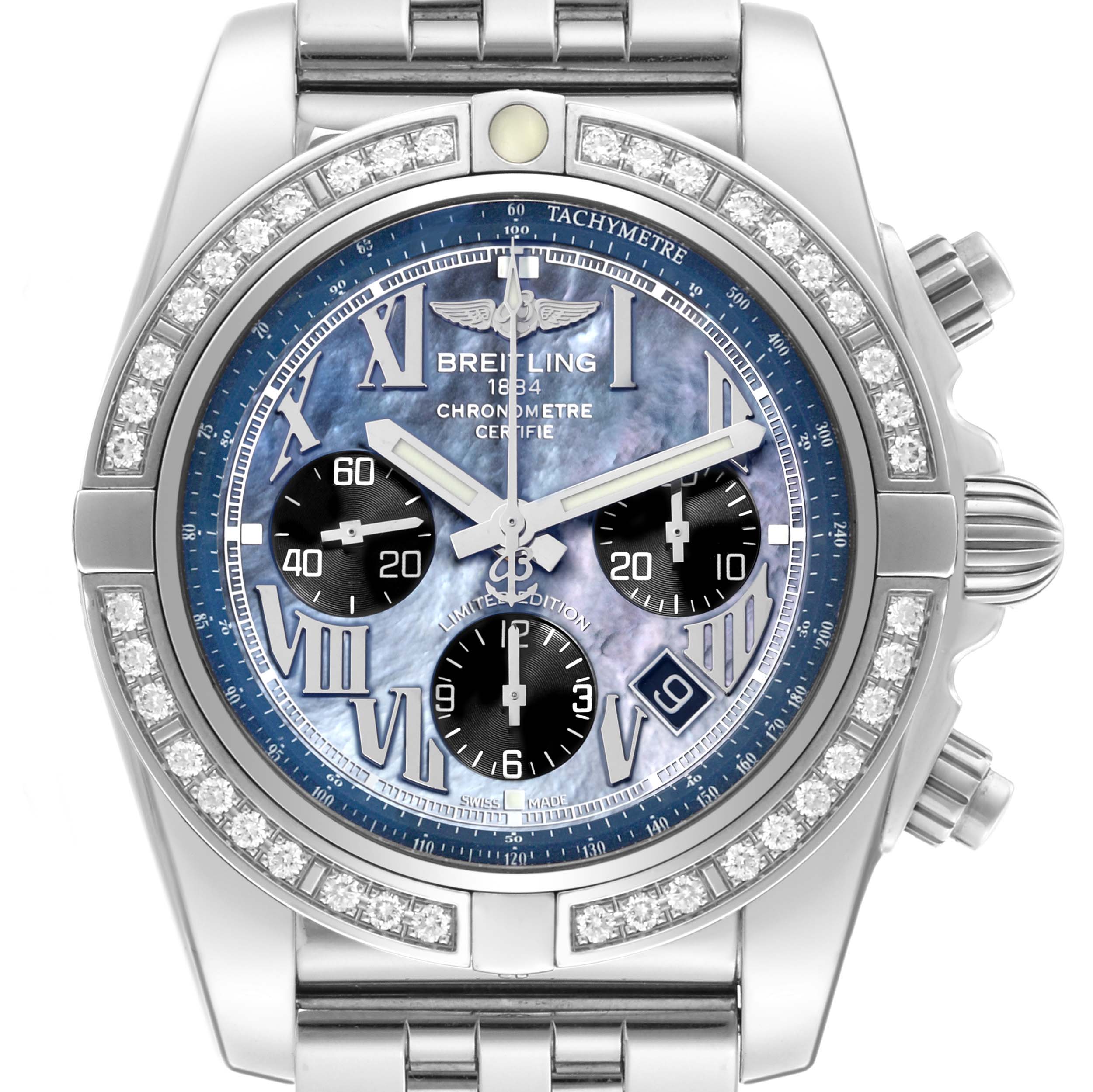 The image shows a front view of the Breitling Chronomat AB0111 Men's Stainless Steel Mother of Pearl Dial AB0111 Men's Stainless Steel Mother of Pearl Dial watch, highlighting its bezel, chronograph dials, and luminescent hands.