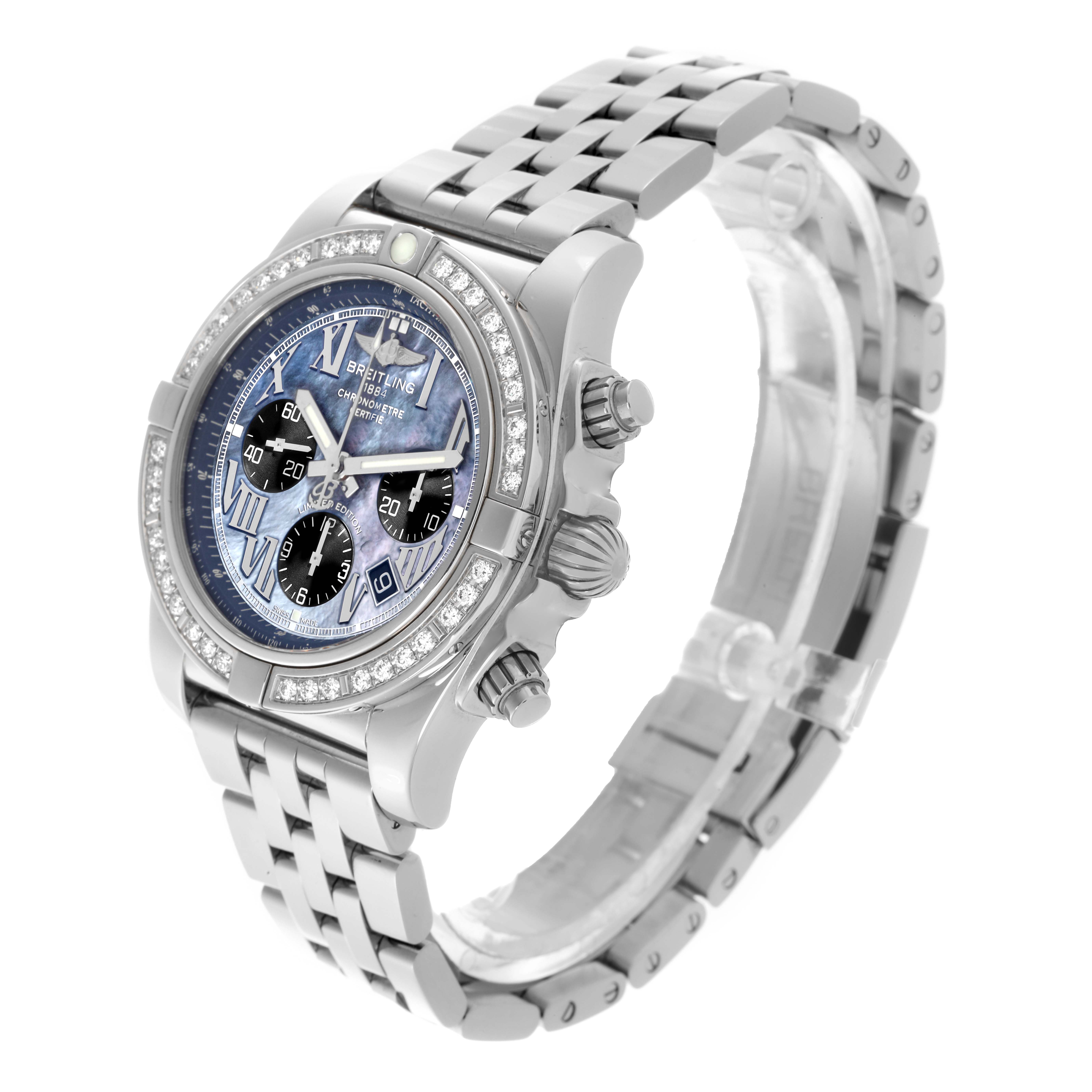 The Breitling Chronomat AB0111 Men's Stainless Steel Mother of Pearl Dial AB0111 Men's Stainless Steel Mother of Pearl Dial watch is shown at a three-quarter angle, displaying its face, bezel, and bracelet.