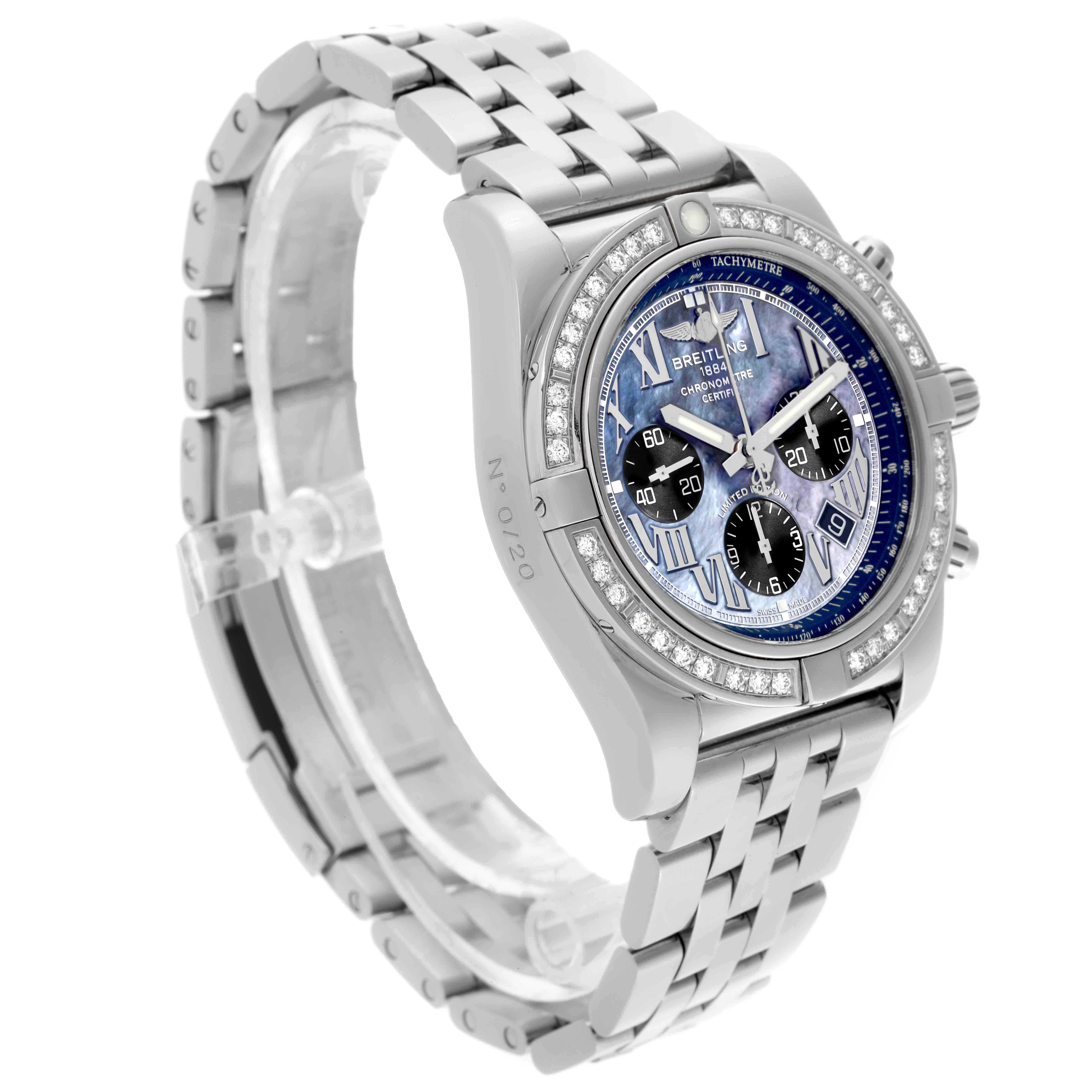 The Breitling Chronomat AB0111 Men's Stainless Steel Mother of Pearl Dial AB0111 Men's Stainless Steel Mother of Pearl Dial watch is shown at a slight angle, highlighting the dial, bezel, and bracelet.