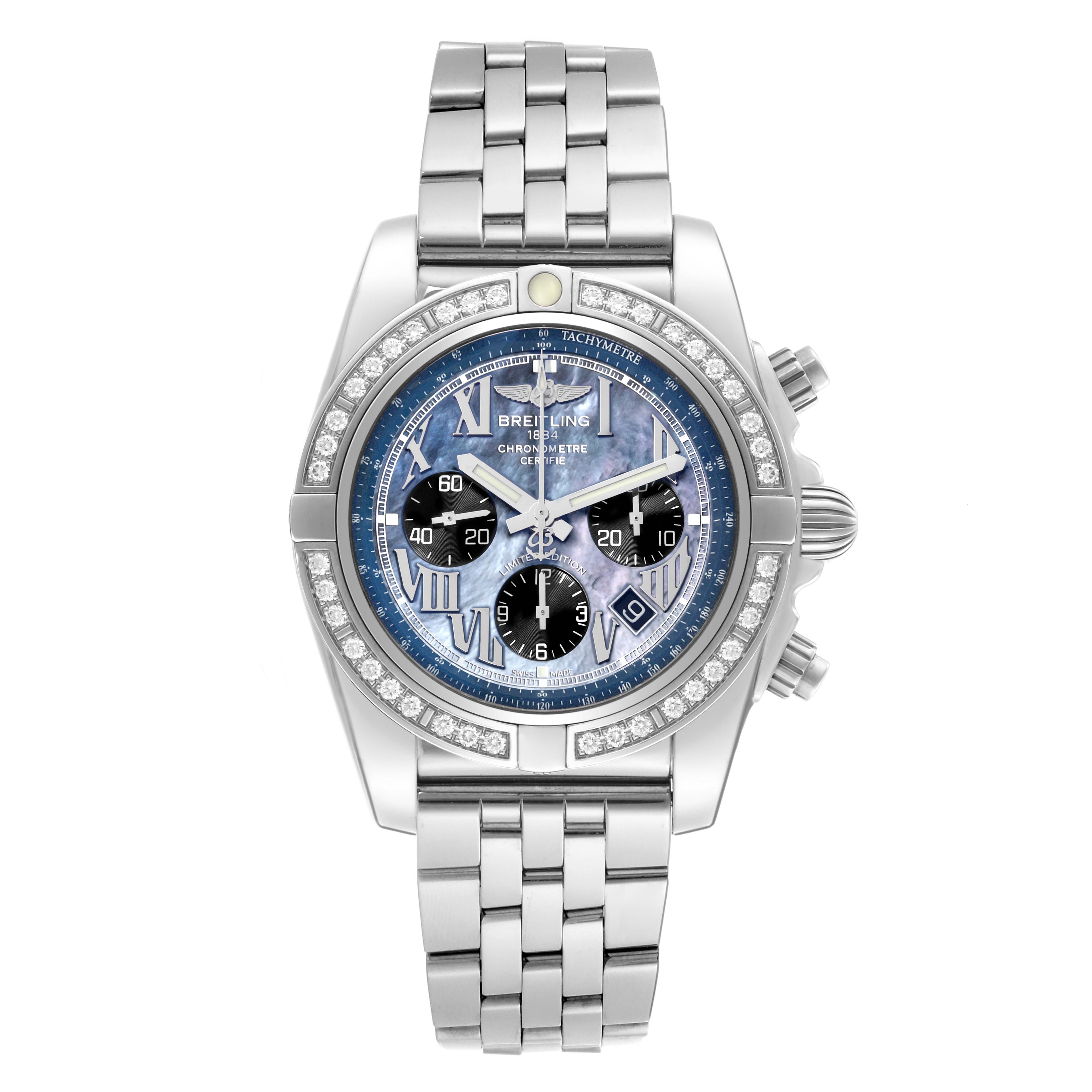 The Breitling Chronomat AB0111 Men's Stainless Steel Mother of Pearl Dial AB0111 Men's Stainless Steel Mother of Pearl Dial watch is shown from a front angle, highlighting the face, bezel, and bracelet.
