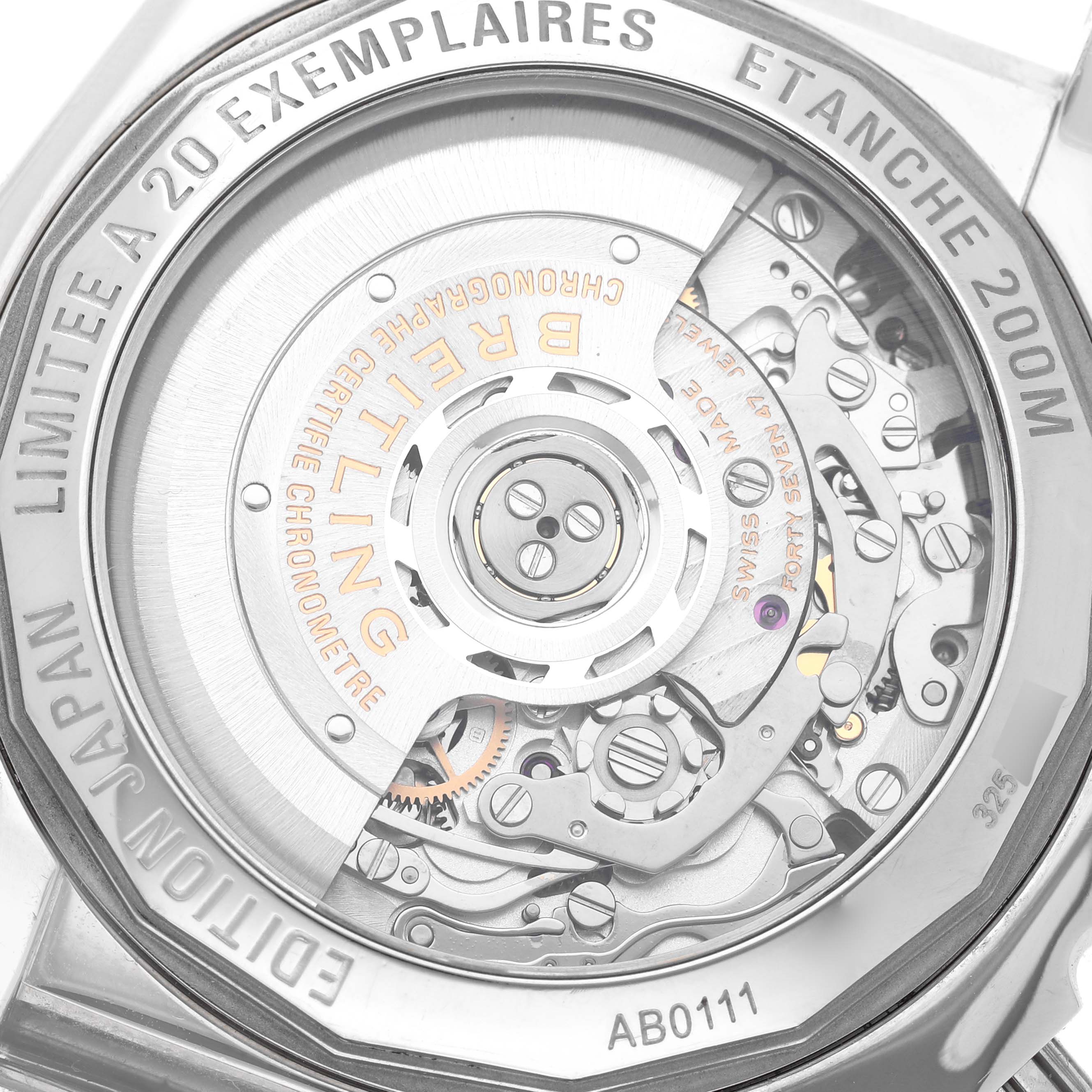 The image shows the back case and movement of the Breitling Chronomat AB0111 Men's Stainless Steel Mother of Pearl Dial AB0111 Men's Stainless Steel Mother of Pearl Dial watch, highlighting its intricate mechanics.