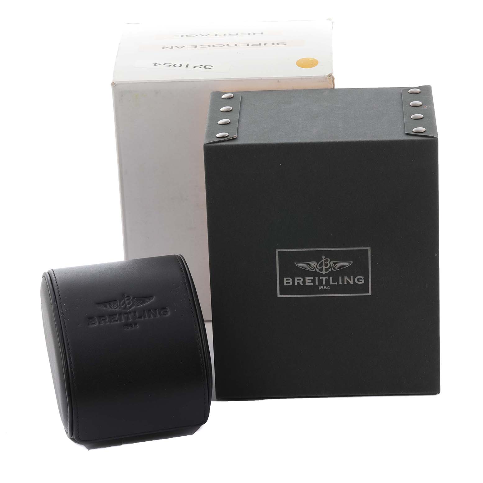 The image shows the packaging for a Breitling Chronomat AB0111 Men's Stainless Steel Mother of Pearl Dial AB0111 Men's Stainless Steel Mother of Pearl Dial, including a black box and a leather case, viewed from the front.