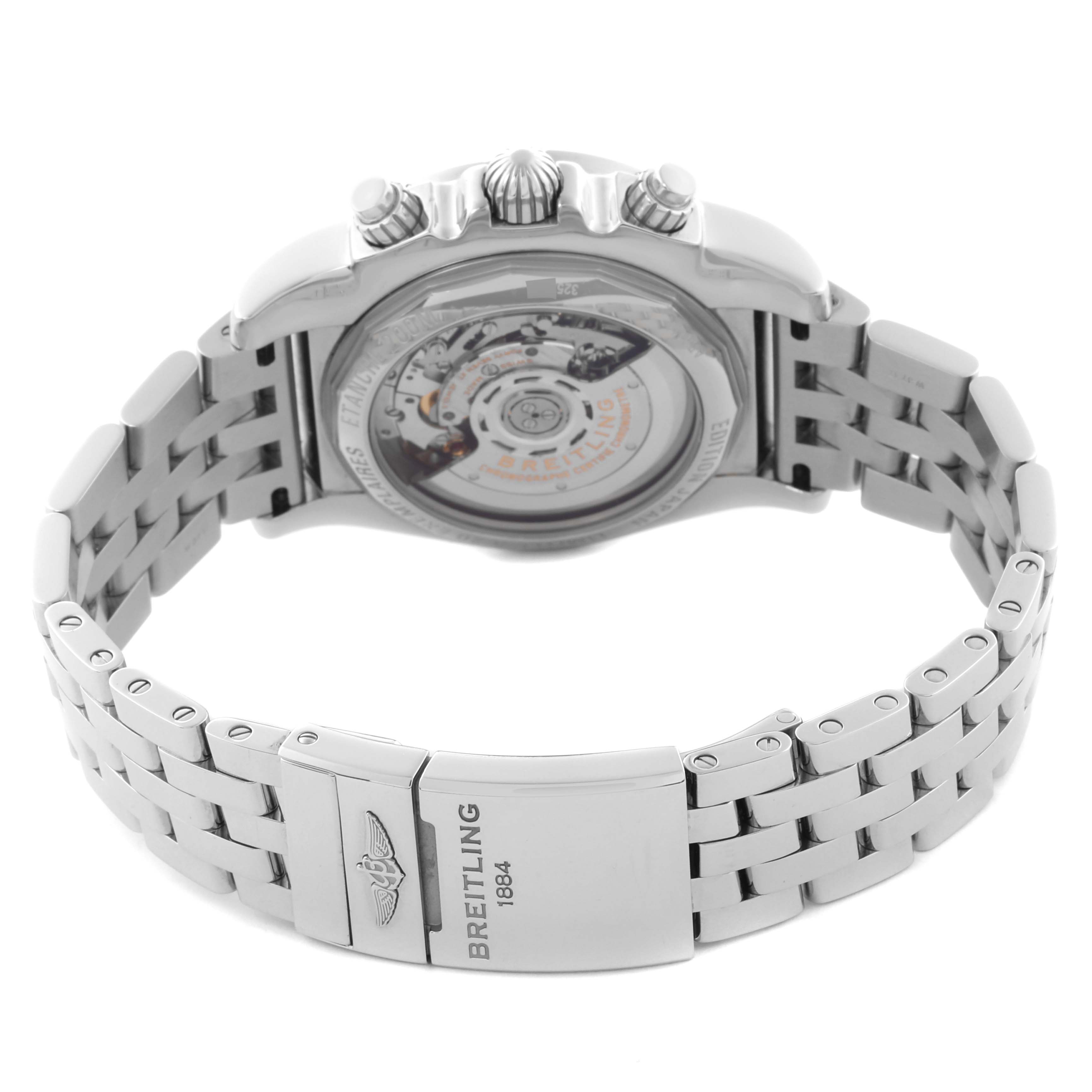 The Breitling Chronomat AB0111 Men's Stainless Steel Mother of Pearl Dial AB0111 Men's Stainless Steel Mother of Pearl Dial watch is shown from the back, highlighting the movement and bracelet clasp.
