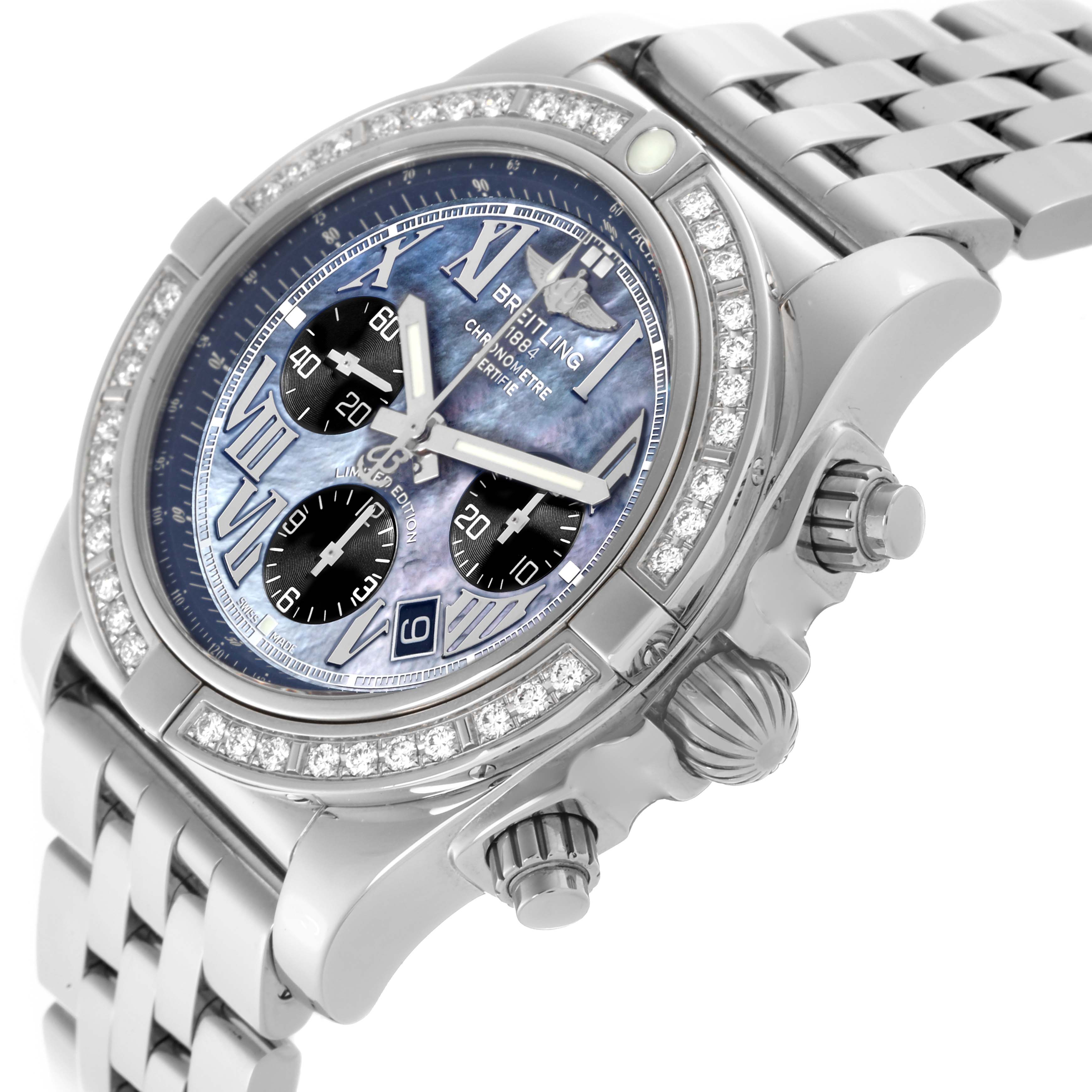 The image shows a side angle of the Breitling Chronomat AB0111 Men's Stainless Steel Mother of Pearl Dial AB0111 Men's Stainless Steel Mother of Pearl Dial, highlighting the bezel, crown, pushers, and part of the dial.