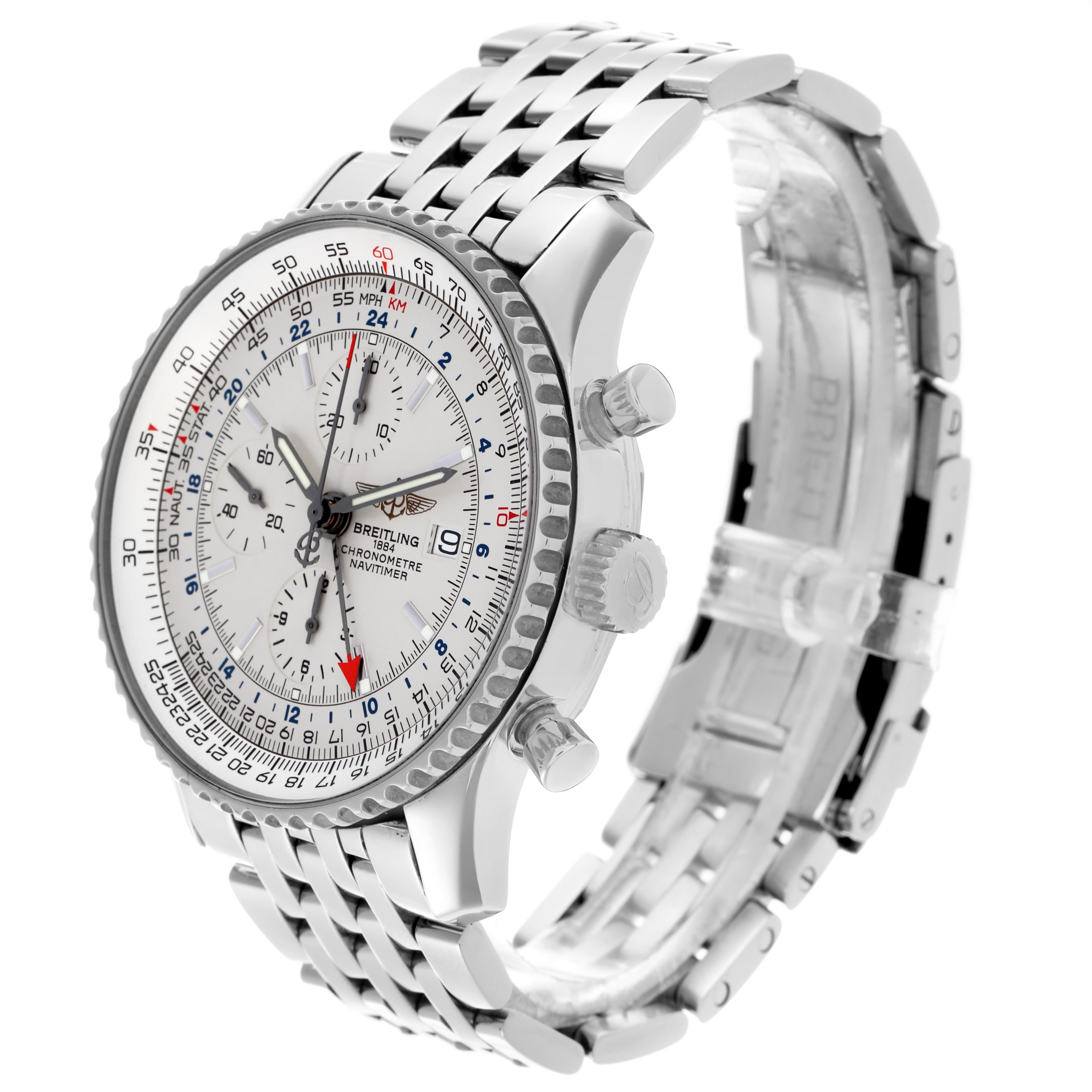 The Breitling Navitimer A24322 Men
s Stainless Steel Silver Dial watch is shown at a three-quarter angle, highlighting the face, bezel, pushers, and bracelet.
