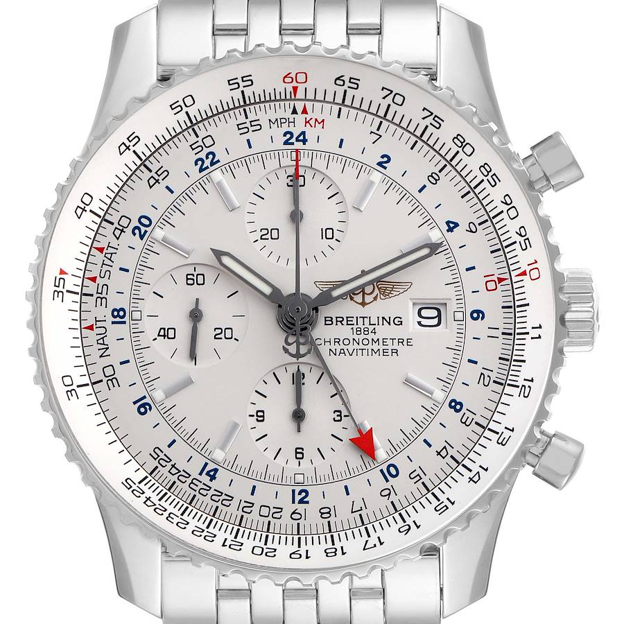 The Breitling Navitimer A24322 Men's Stainless Steel Silver Dial watch is shown from a front angle, displaying the dial, bezel, subdials, and bracelet.
