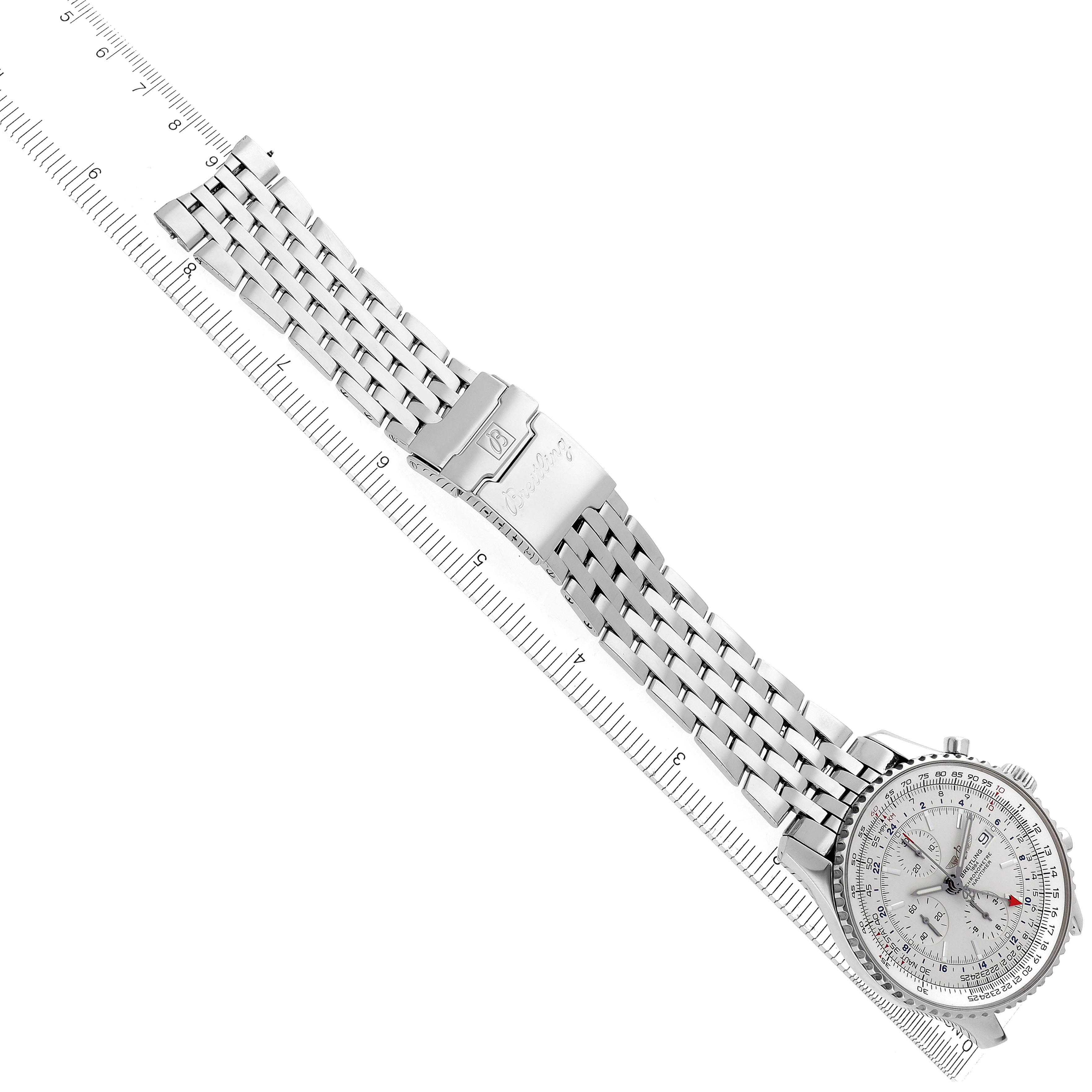 The Breitling Navitimer A24322 Men
s Stainless Steel Silver Dial watch is displayed diagonally, featuring the face, bezel, crown, and metal bracelet with a clasp.