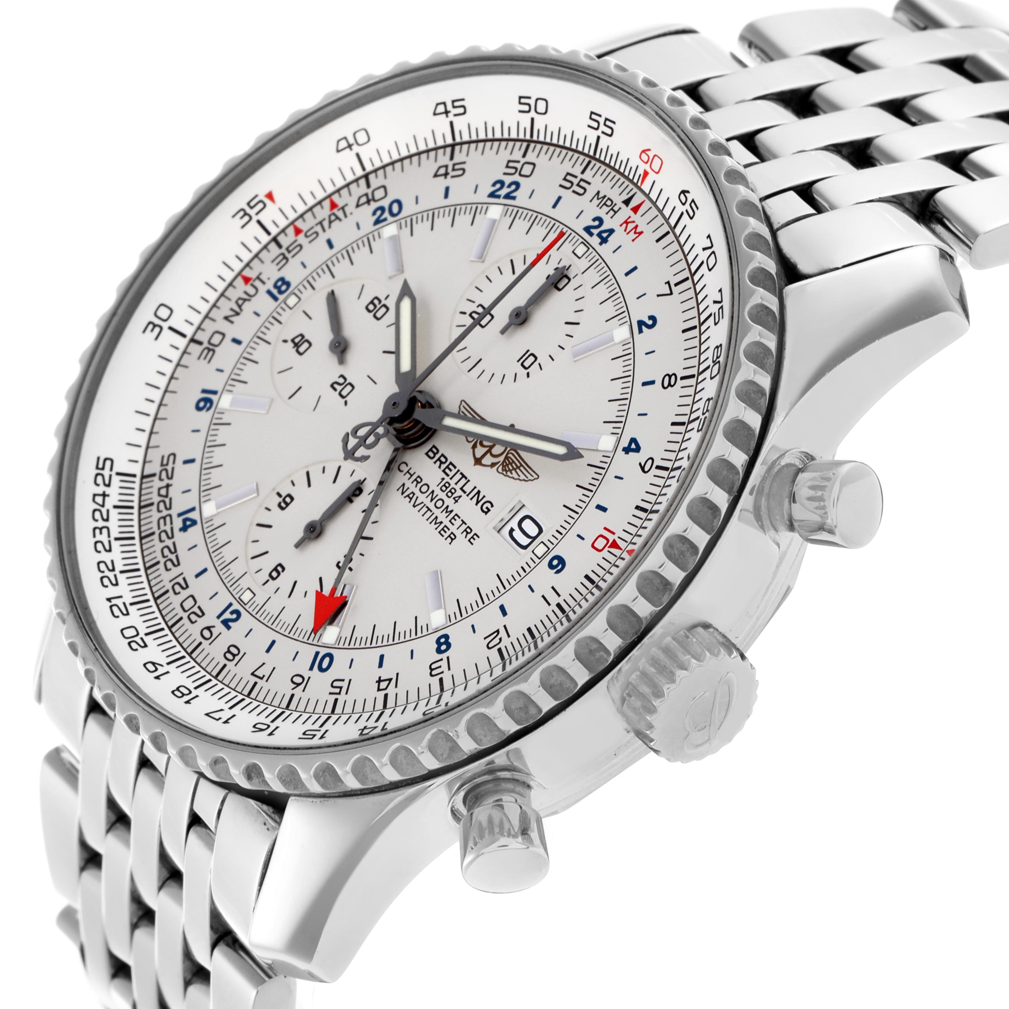 The Breitling Navitimer A24322 Men
s Stainless Steel Silver Dial is shown at an angle highlighting the face, bezel, crown, pushers, and part of the metal bracelet.
