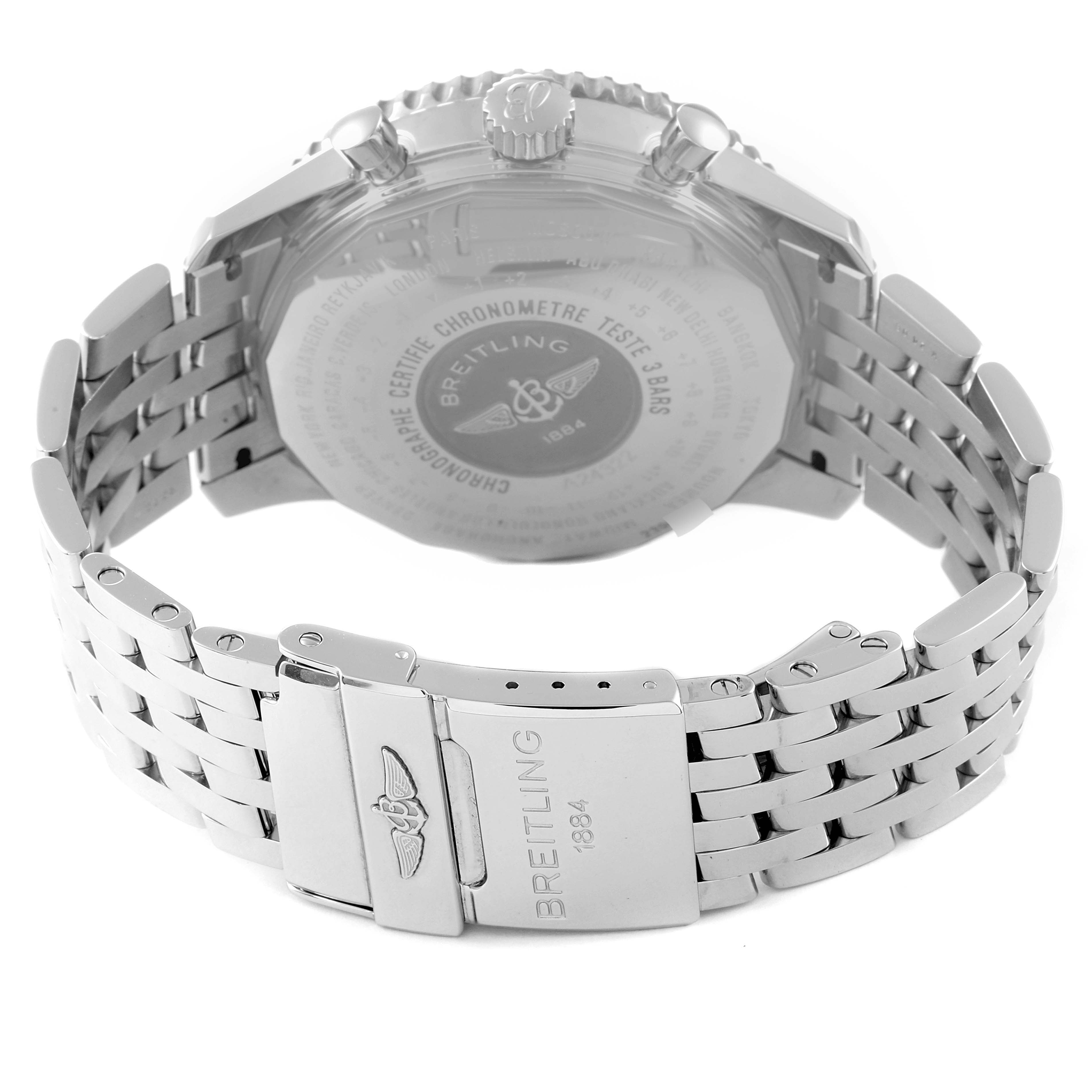This image shows the back view of a Breitling Navitimer A24322 Men's Stainless Steel Silver Dial A24322 Men's Stainless Steel Silver Dial watch, focusing on the stainless silver band and clasp.