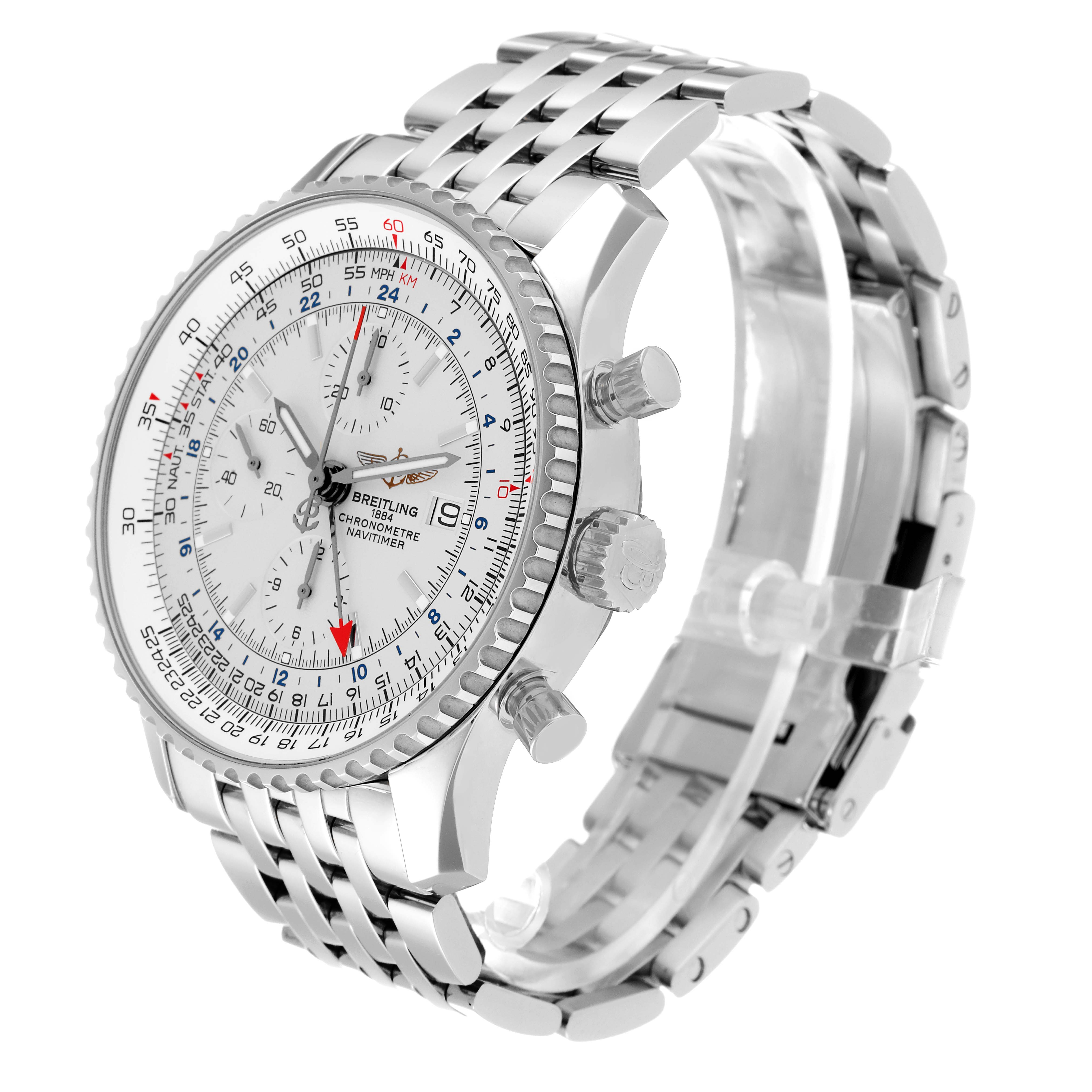The image shows a side angle of a Breitling Navitimer A24322 Men's Stainless Steel Silver Dial A24322 Men's Stainless Steel Silver Dial watch, highlighting the face, crown, chronograph pushers, and metal bracelet.