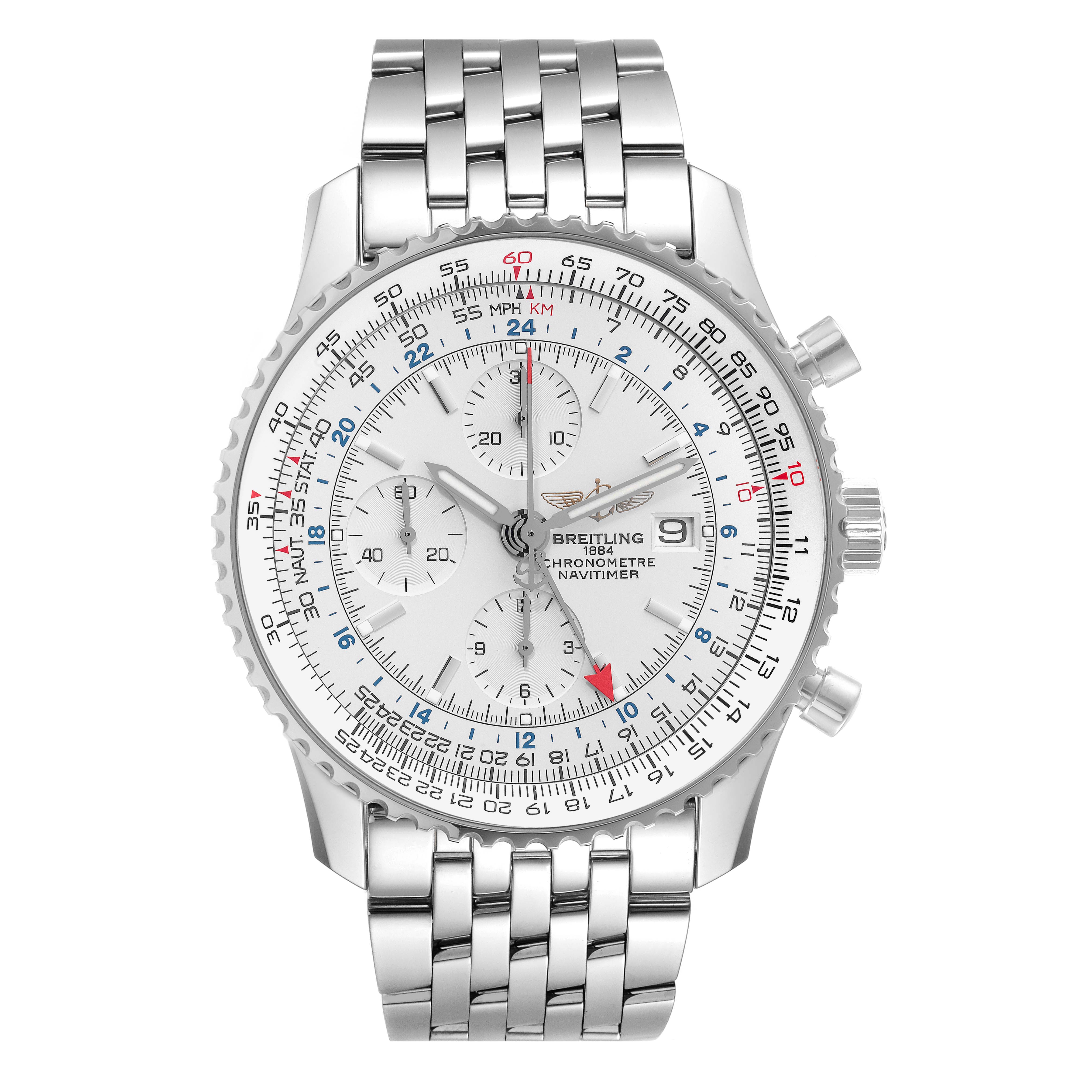 This is a front view of the Breitling Navitimer A24322 Men's Stainless Steel Silver Dial A24322 Men's Stainless Steel Silver Dial watch, showcasing its dial, bezel, and metal bracelet.