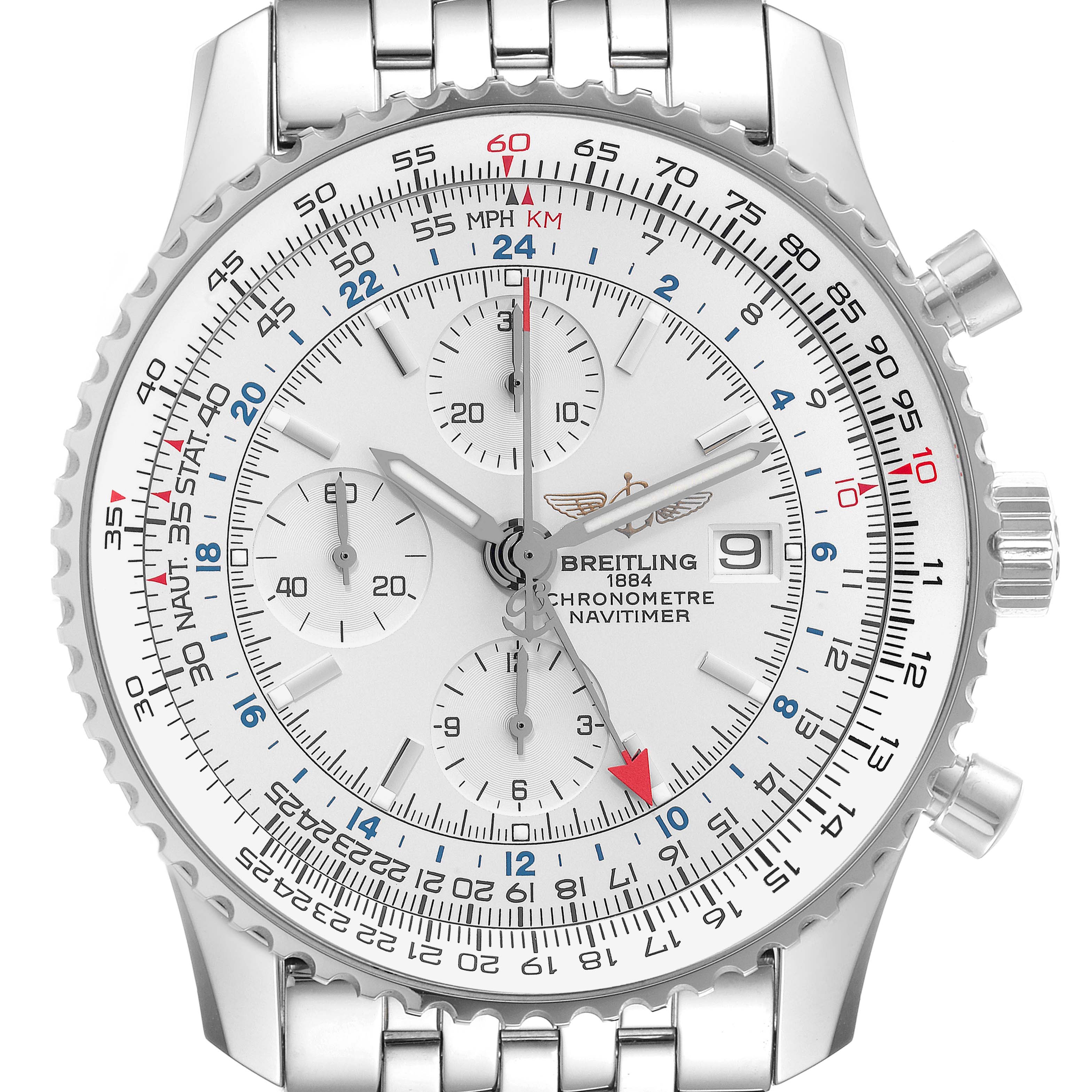 This image shows a close-up front view of the Breitling Navitimer A24322 Men's Stainless Steel Silver Dial A24322 Men's Stainless Steel Silver Dial watch, highlighting its dial, bezel, and bracelet.