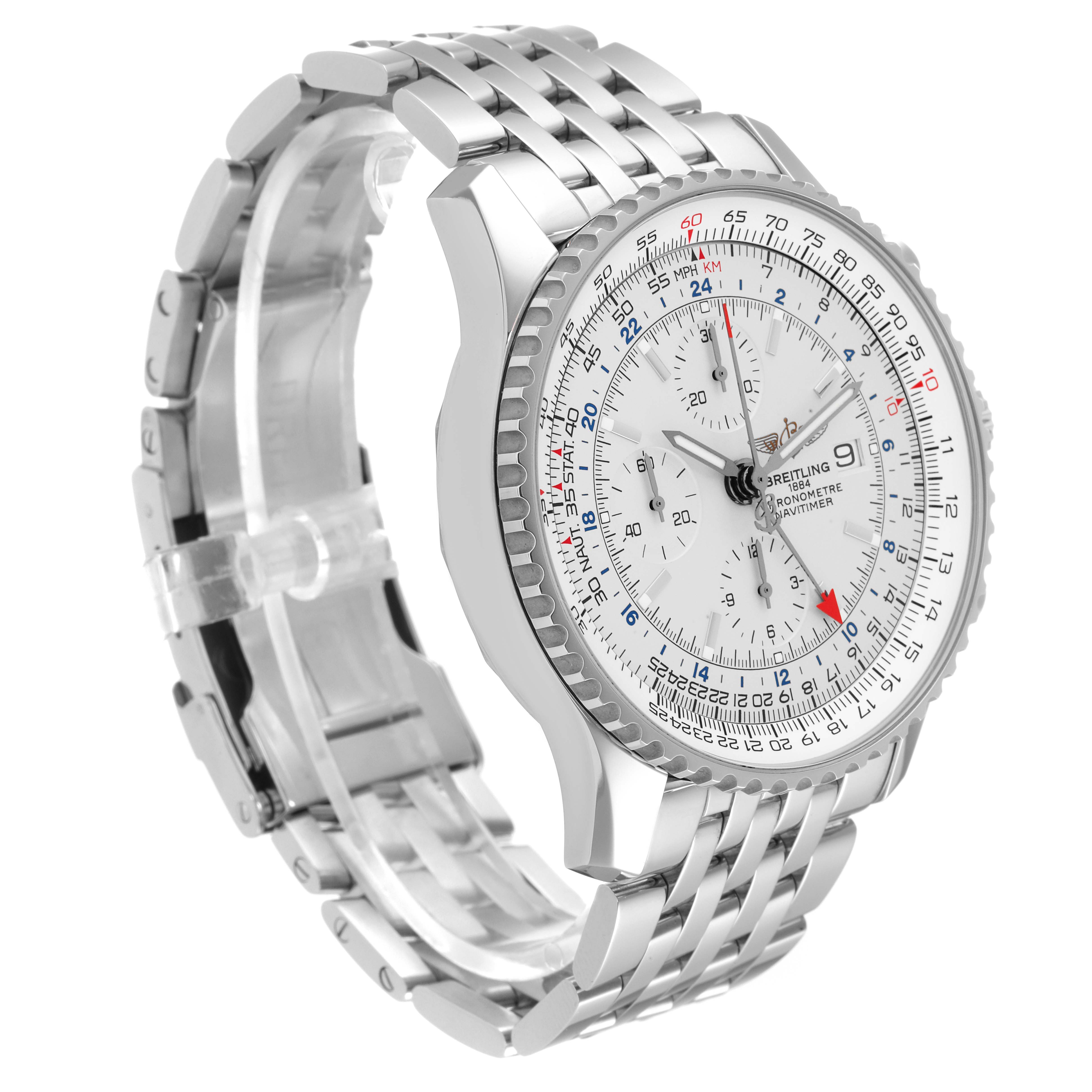 The Breitling Navitimer A24322 Men's Stainless Steel Silver Dial A24322 Men's Stainless Steel Silver Dial watch is shown at an angle, displaying the face, bezel, and metal bracelet.