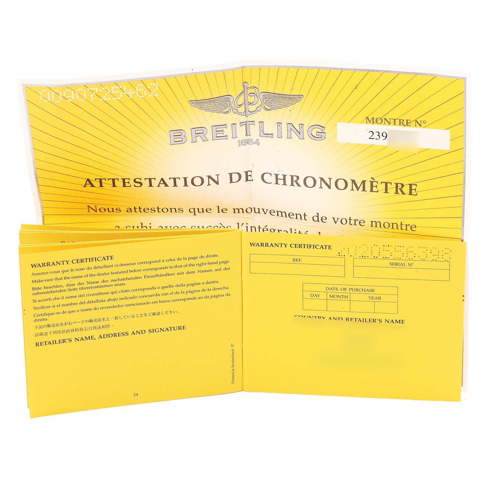 The image shows warranty certificates and chronometer attestation for a Breitling Navitimer A24322 Men's Stainless Steel Silver Dial A24322 Men's Stainless Steel Silver Dial watch.