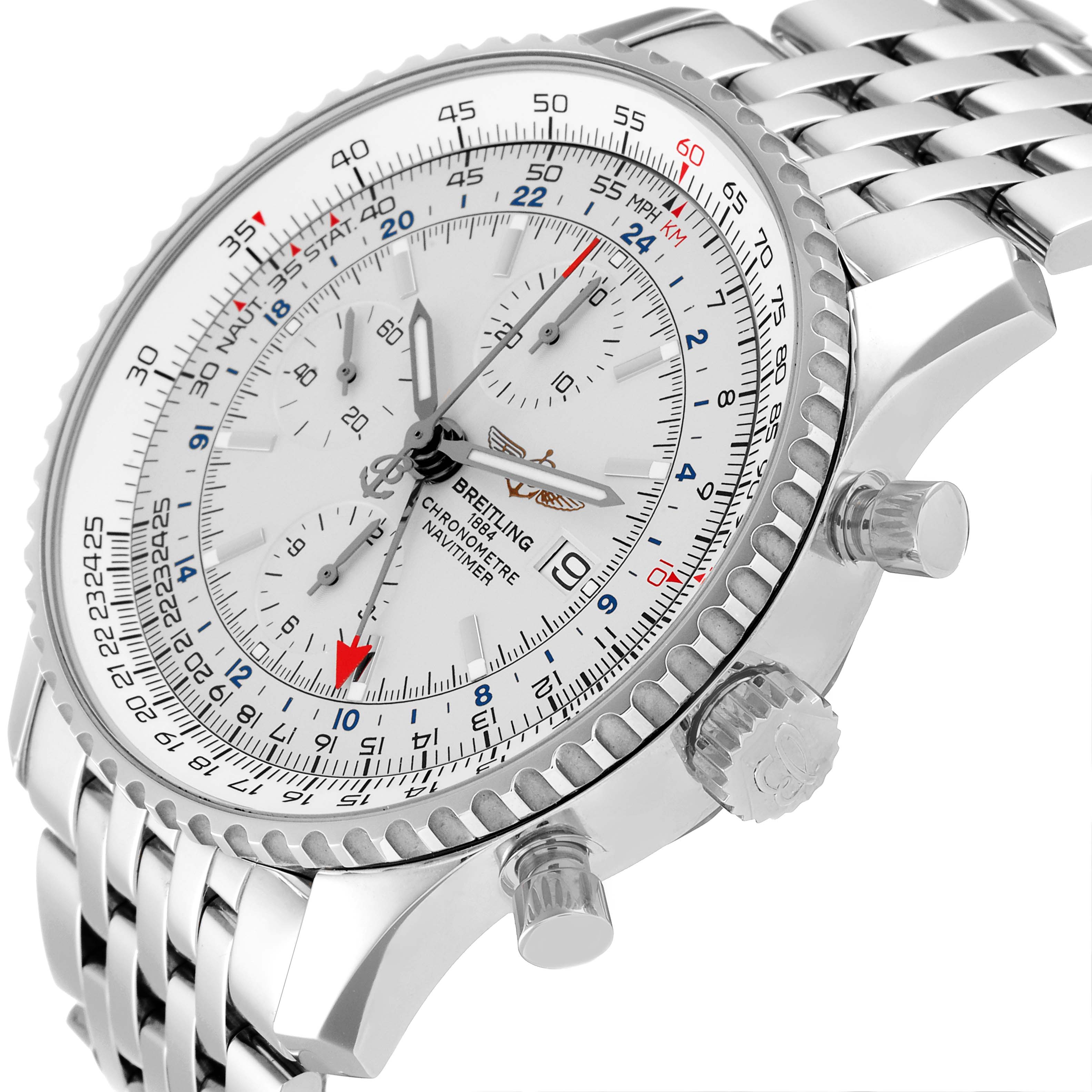 The image shows a close-up angle of the Breitling Navitimer A24322 Men's Stainless Steel Silver Dial A24322 Men's Stainless Steel Silver Dial watch, highlighting its face, bezel, chronograph dials, and stainless steel bracelet.