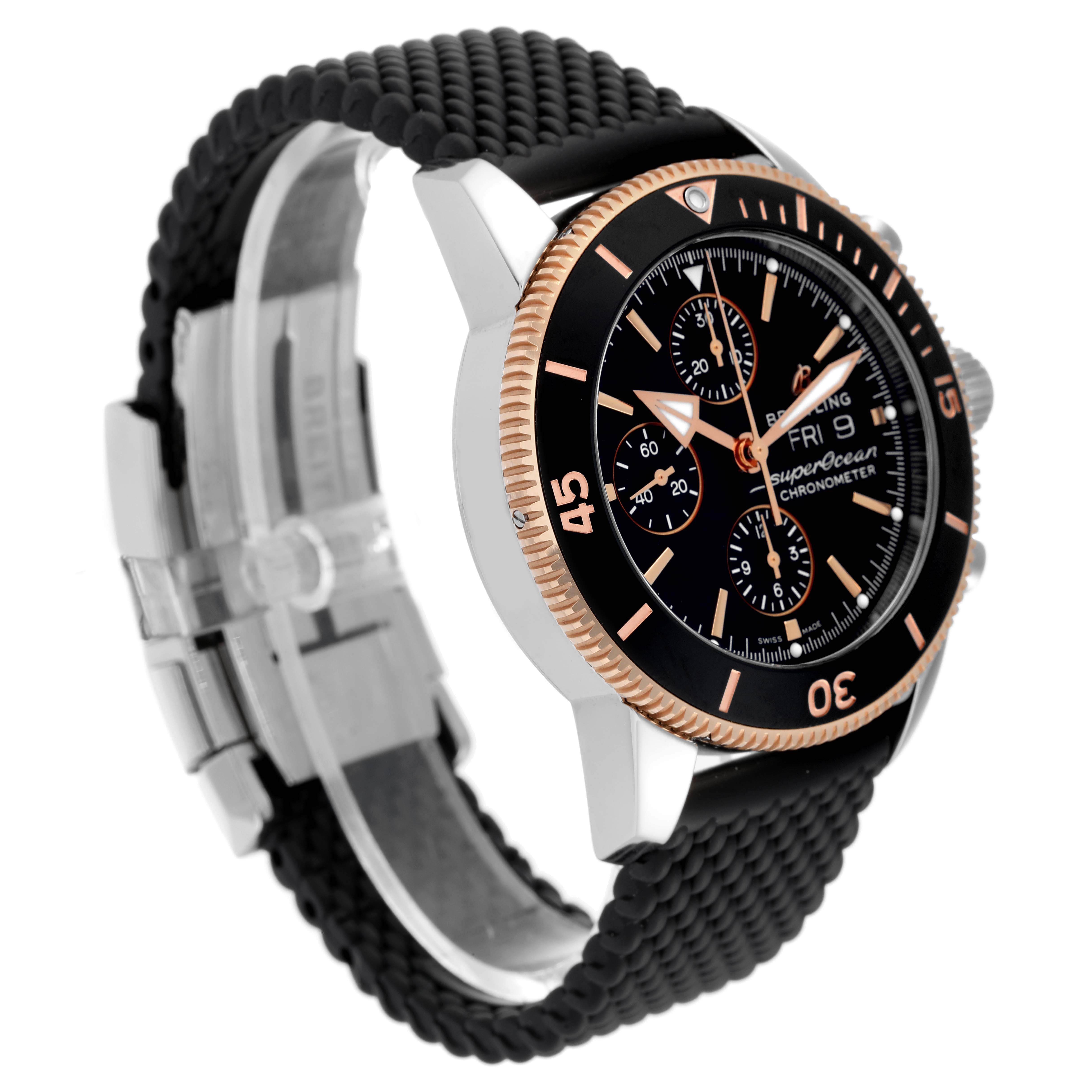 The Breitling Superocean U1331312/BG50/279S/A20D.4 Men
s Steel and Gold (two tone) Black Dial U1331312/BG50/279S/A20D.4 Men
s Steel and Gold (two tone) Black Dial watch is shown at a side angle, displaying the bezel, strap, lugs, and chronograph dials.