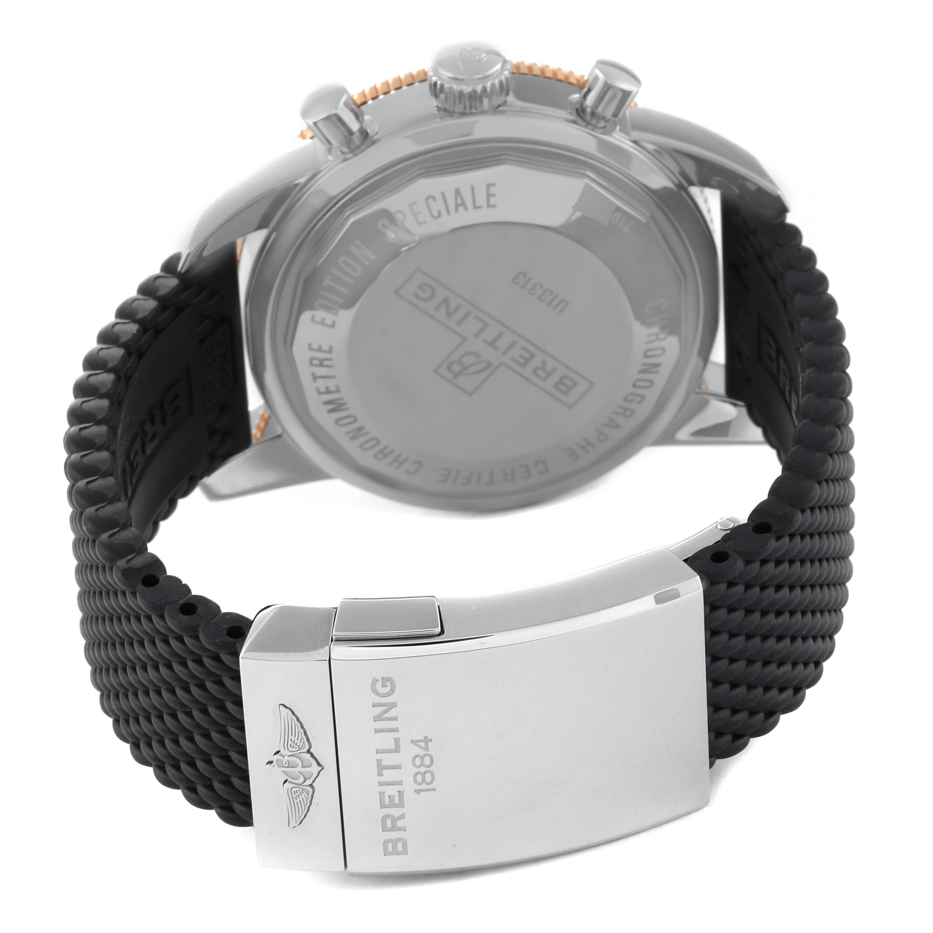 The image shows the back view of a Breitling Superocean U1331312/BG50/279S/A20D.4 Men
s Steel and Gold (two tone) Black Dial U1331312/BG50/279S/A20D.4 Men
s Steel and Gold (two tone) Black Dial watch, highlighting its case back, crown, pushers, and clasp.