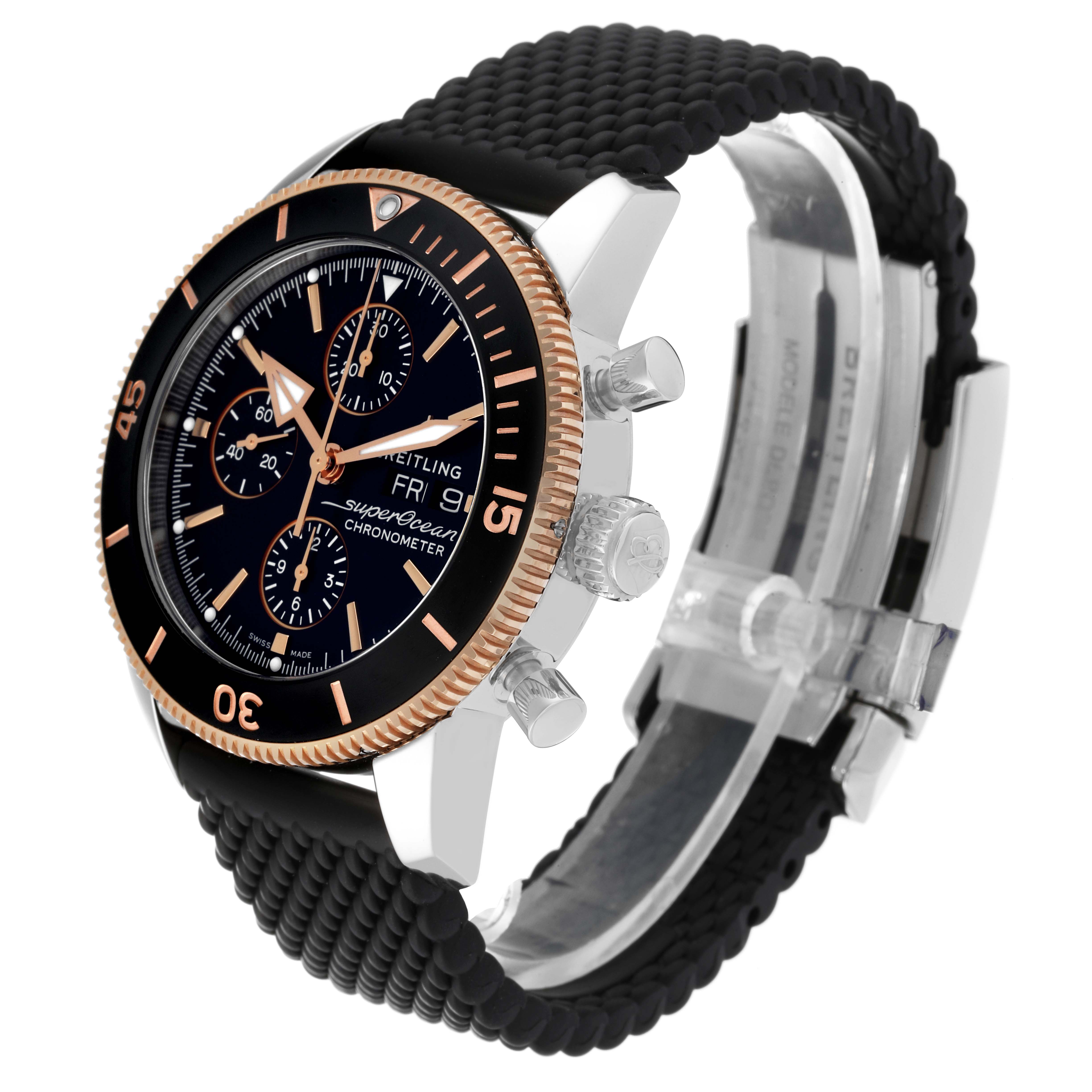 The image shows a side angle of the Breitling Superocean U1331312/BG50/279S/A20D.4 Men
s Steel and Gold (two tone) Black Dial U1331312/BG50/279S/A20D.4 Men
s Steel and Gold (two tone) Black Dial watch, highlighting the bezel, dials, crown, and black strap.