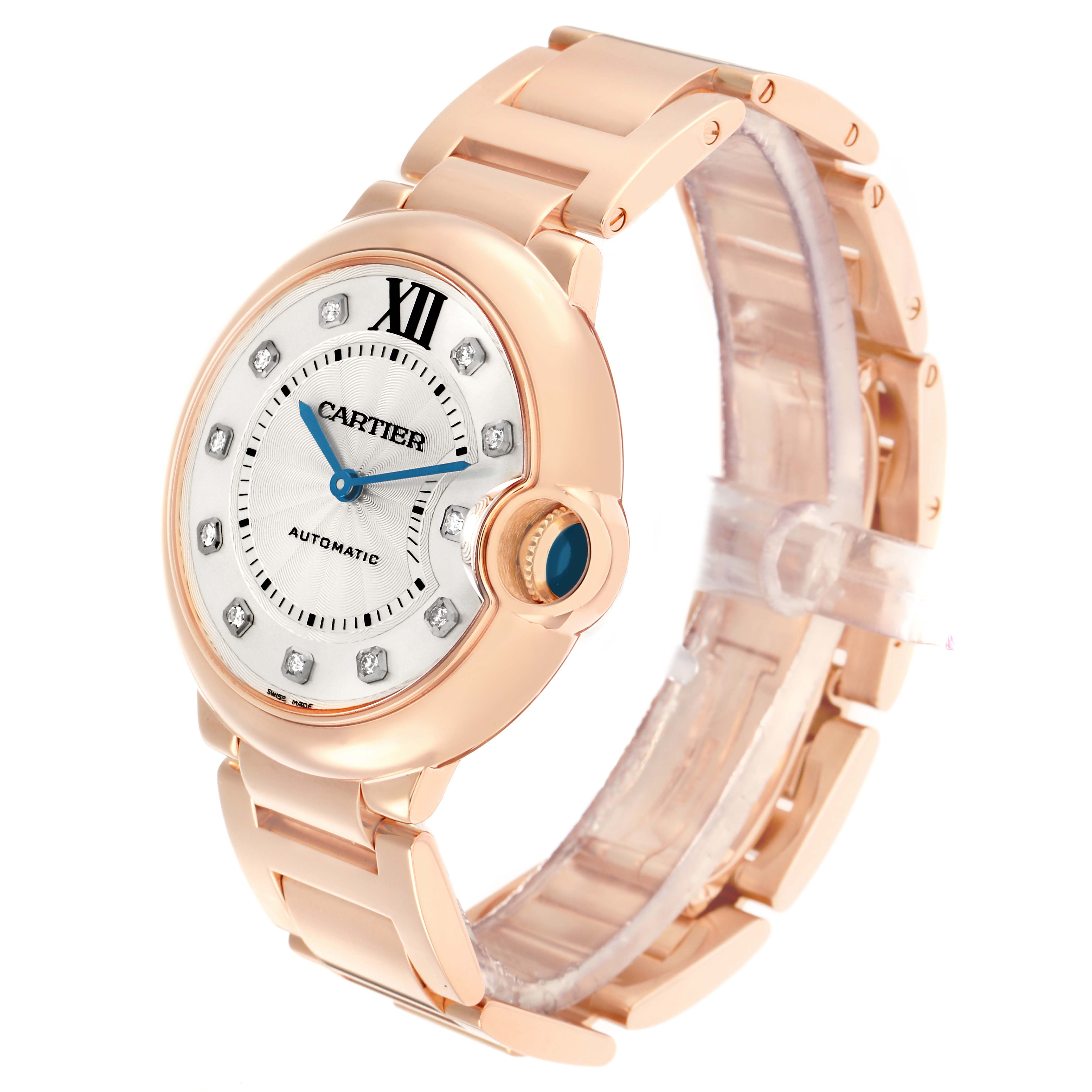 The Cartier Ballon Bleu WE902026 Women
s Rose Gold Silver Dial watch is shown at a three-quarter angle, highlighting the dial, bezel, and bracelet.