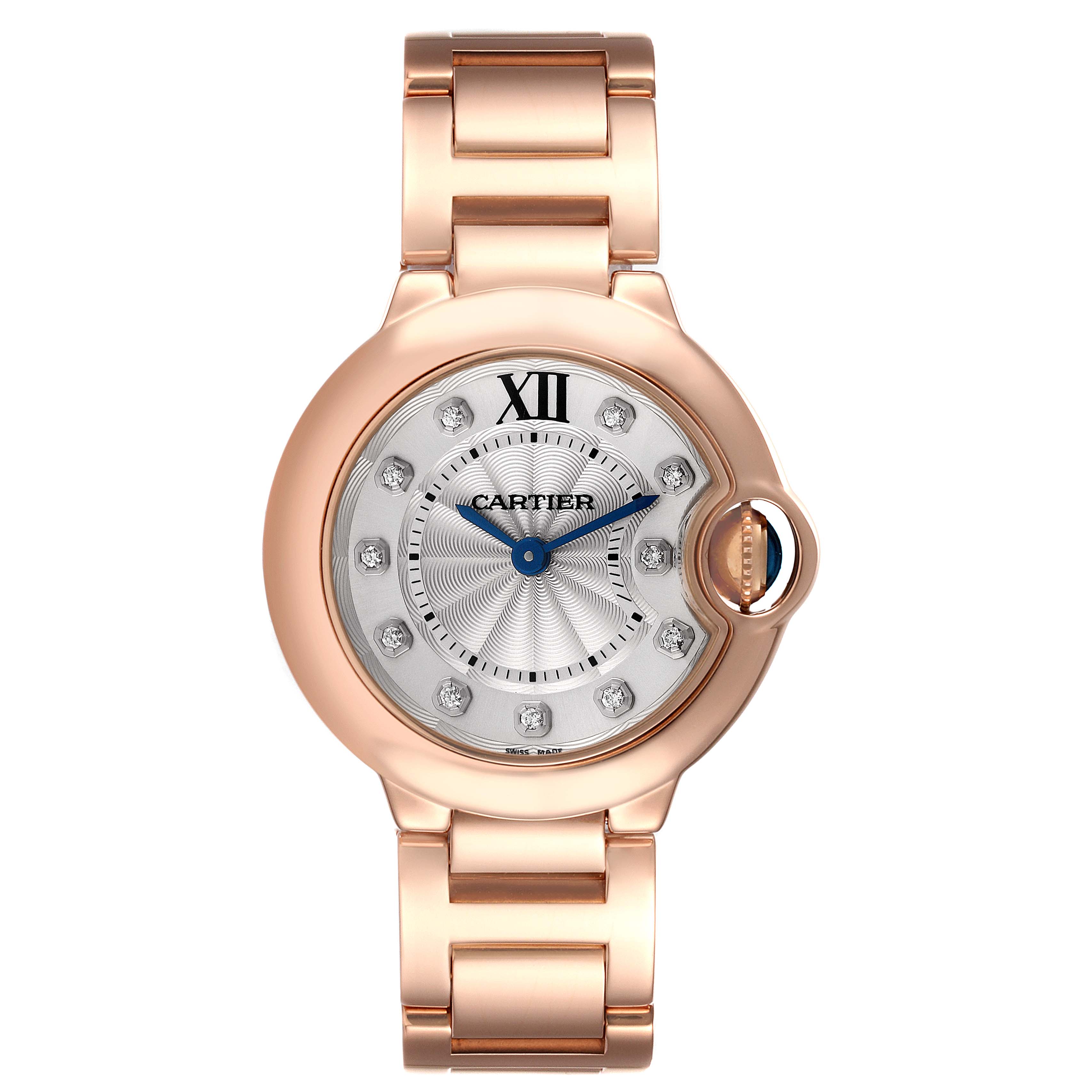 The image shows a front view of a Cartier Ballon Bleu WE902025 Women's Rose Gold Silver Dial WE902025 Women's Rose Gold Silver Dial watch, highlighting the face, hands, and part of the bracelet.