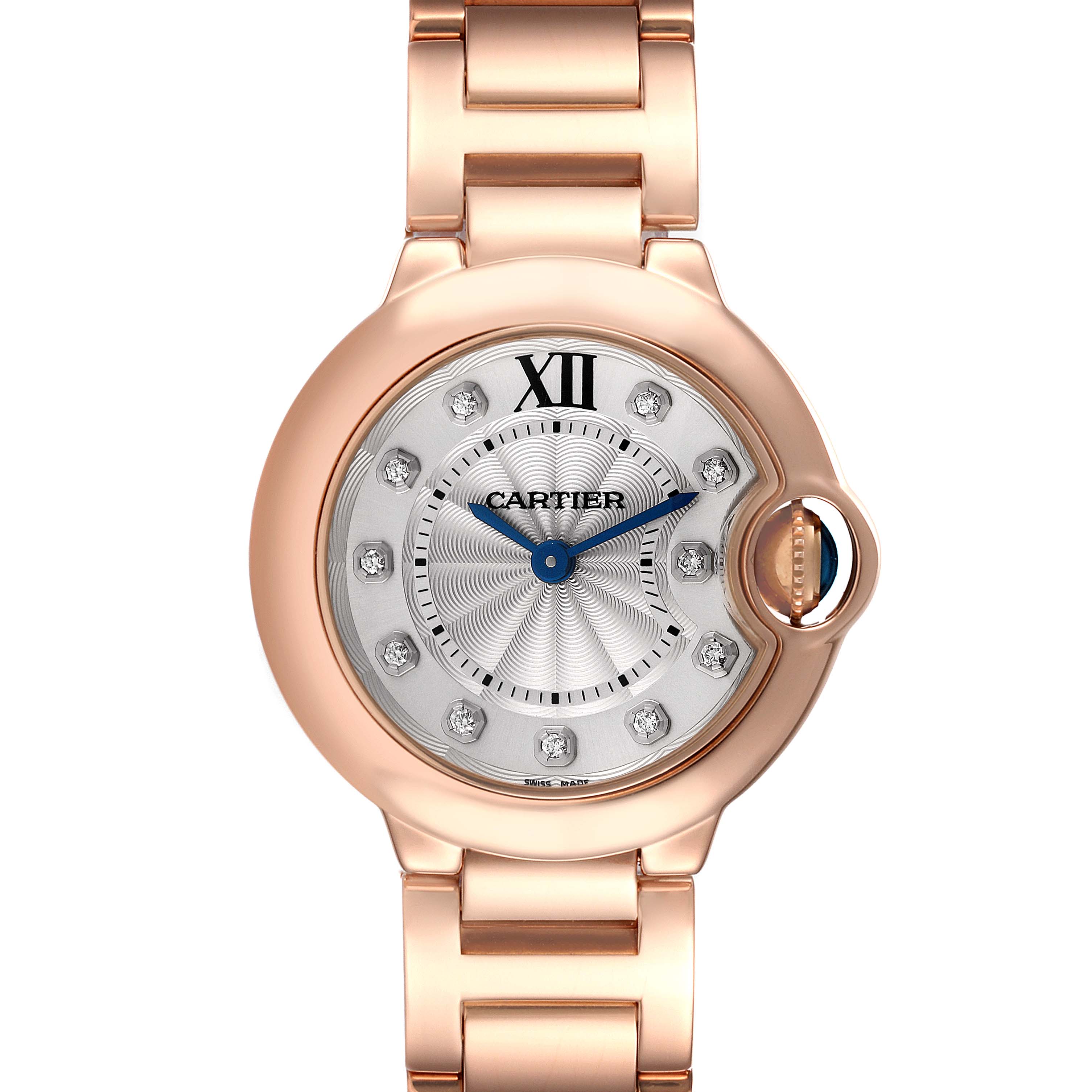 This image shows a front view of the face and part of the bracelet of a Cartier Ballon Bleu WE902025 Women's Rose Gold Silver Dial WE902025 Women's Rose Gold Silver Dial watch.