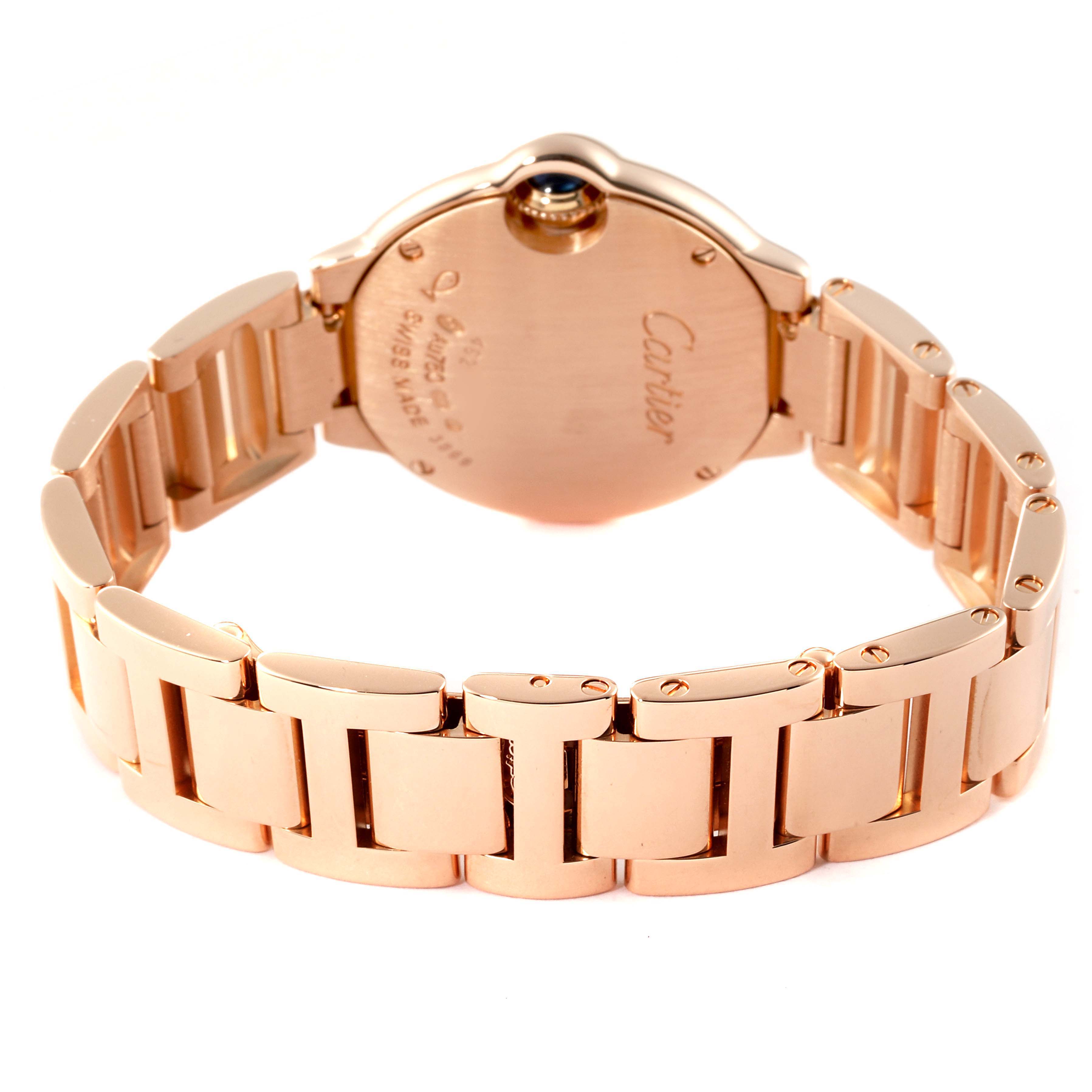This image shows the back view of the Cartier Ballon Bleu WE902025 Women's Rose Gold Silver Dial WE902025 Women's Rose Gold Silver Dial watch, highlighting its rose gold bracelet and case back.