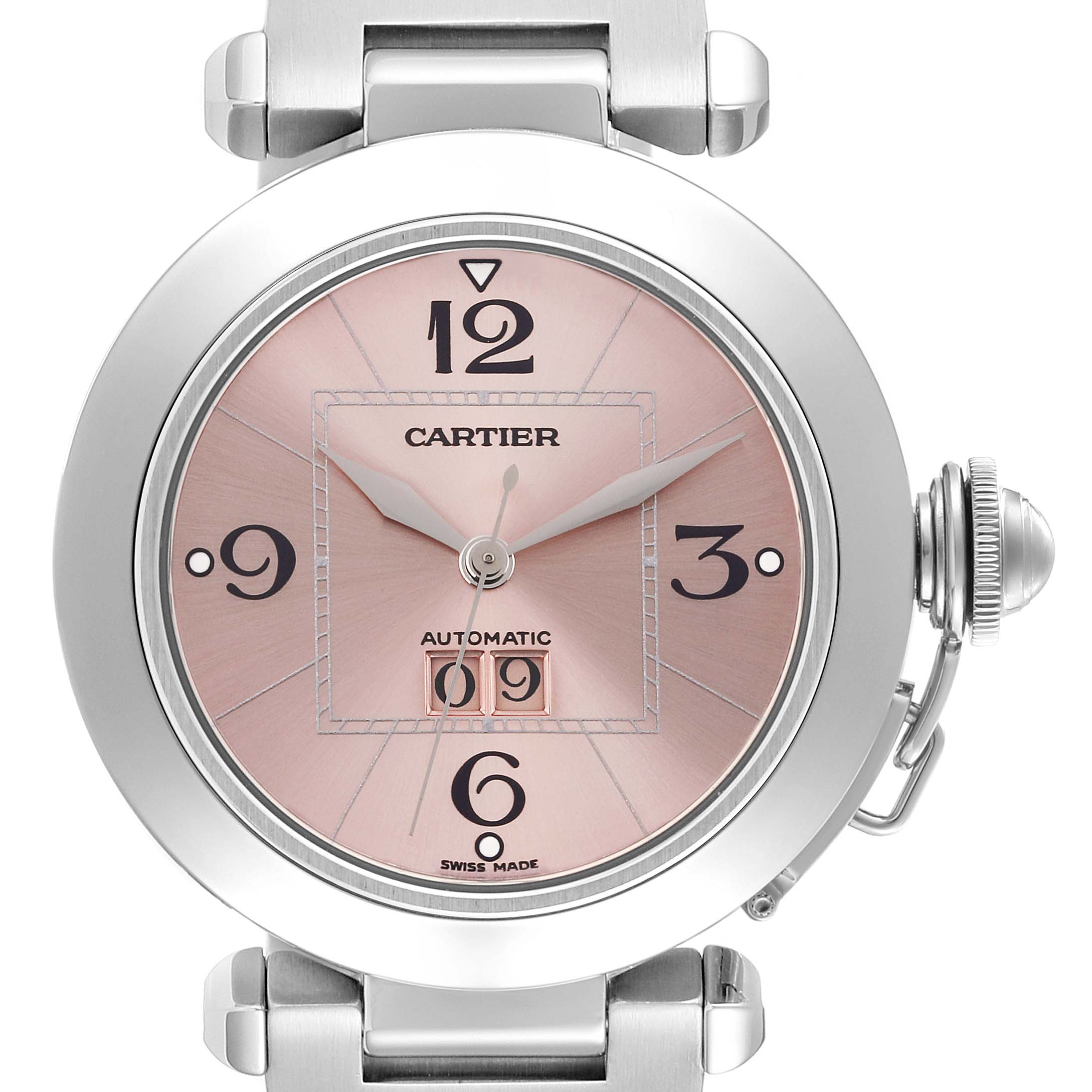 The Cartier Pasha 56624 Women
s Stainless Steel Pink Dial 56624 Women
s Stainless Steel Pink Dial watch is shown from a front angle, highlighting the dial, hands, crown, and part of the bracelet.