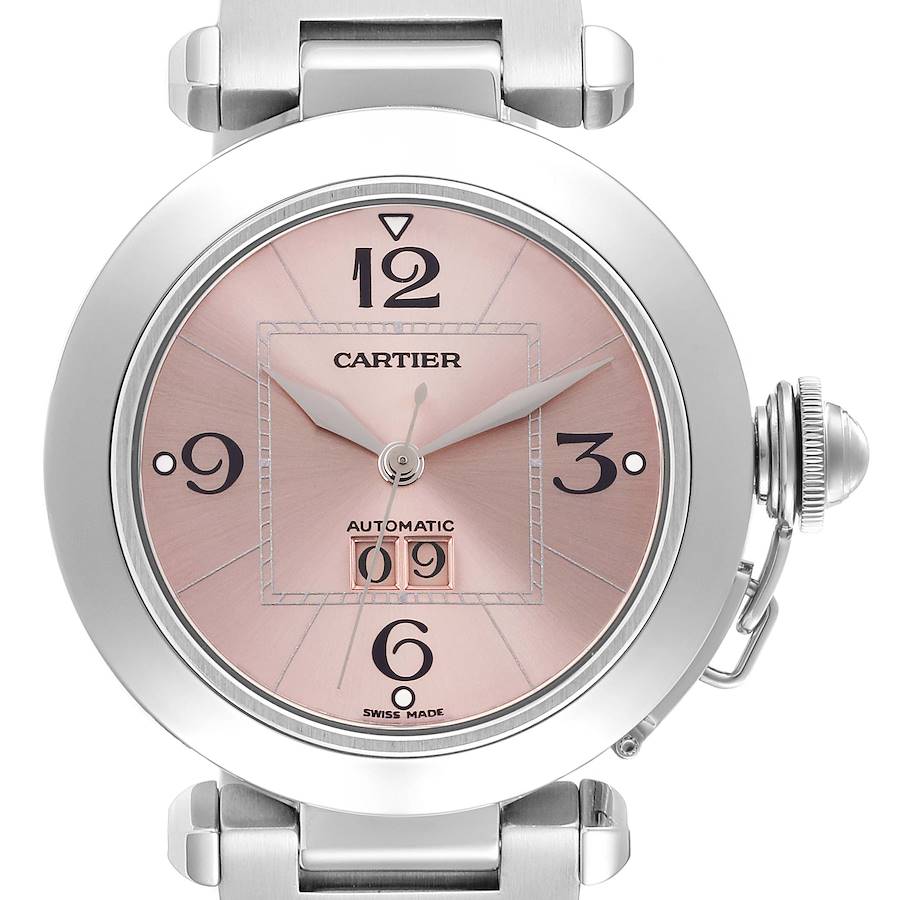 The Cartier Pasha watch is shown from a front angle, highlighting the dial, hands, crown, and part of the bracelet.