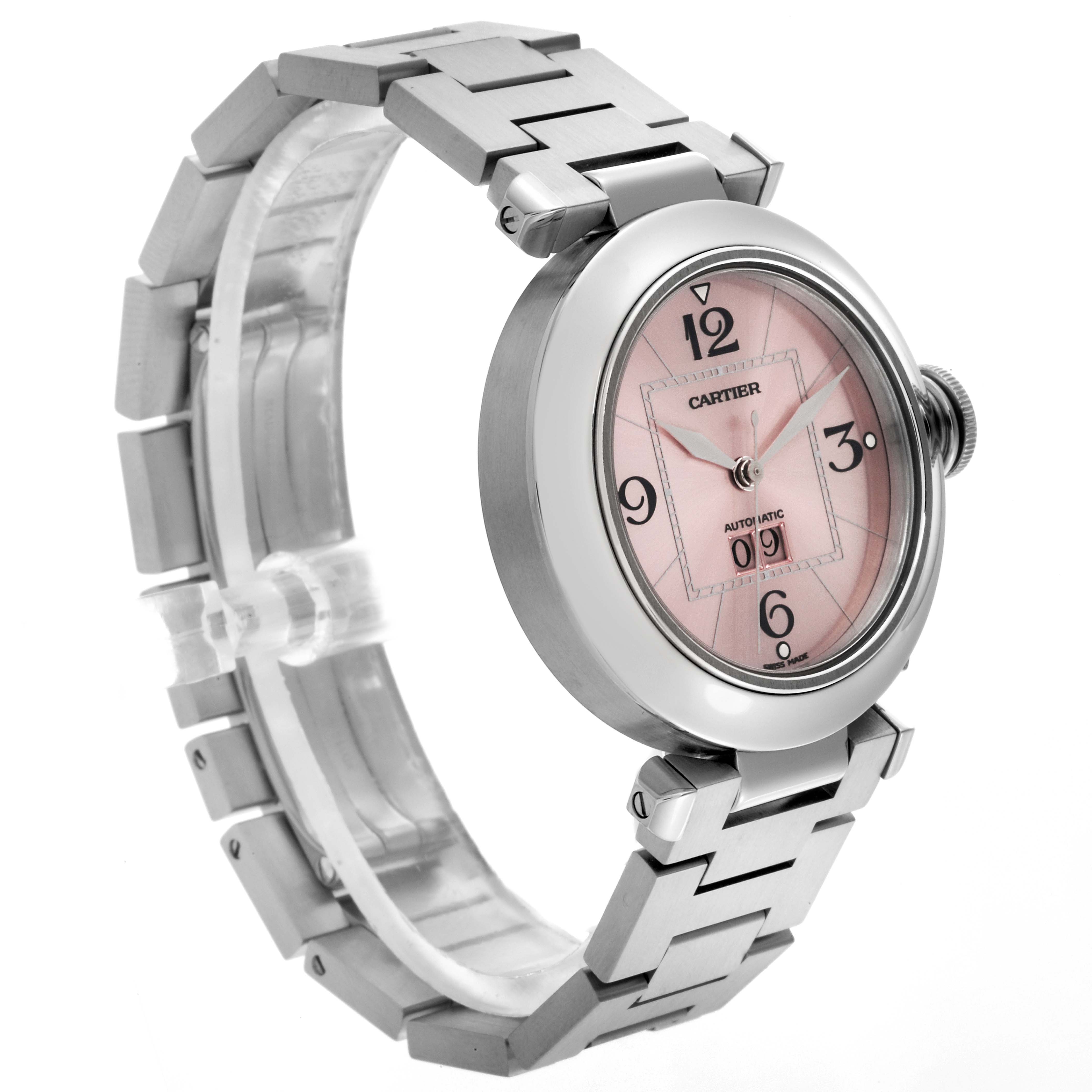 The Cartier Pasha 56624 Women
s Stainless Steel Pink Dial 56624 Women
s Stainless Steel Pink Dial watch is shown at a side angle, featuring its pink dial, bezel, bracelet, and crown.