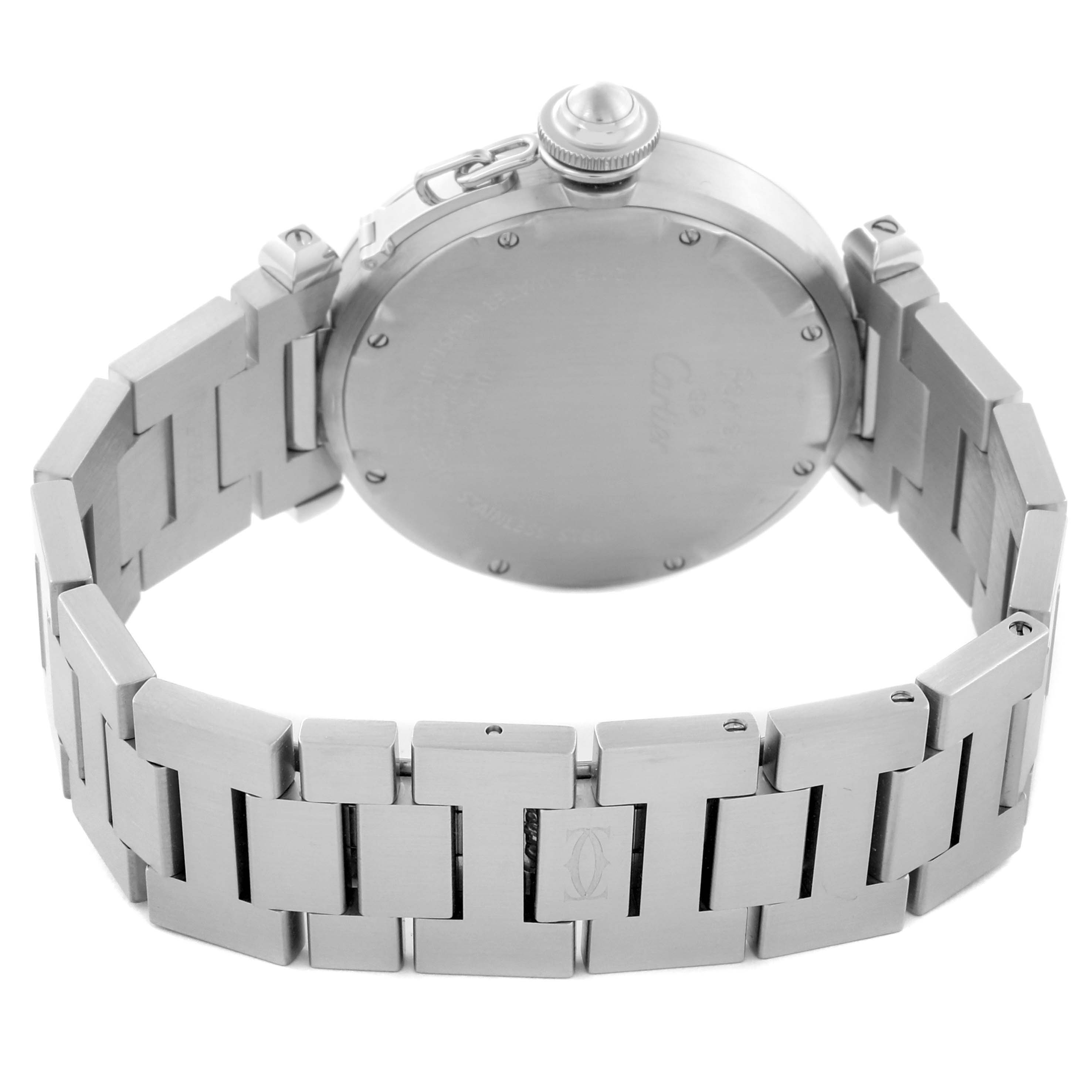 The image shows the back of the Cartier Pasha 56624 Women
s Stainless Steel Pink Dial 56624 Women
s Stainless Steel Pink Dial watch, highlighting the case back and metal bracelet.