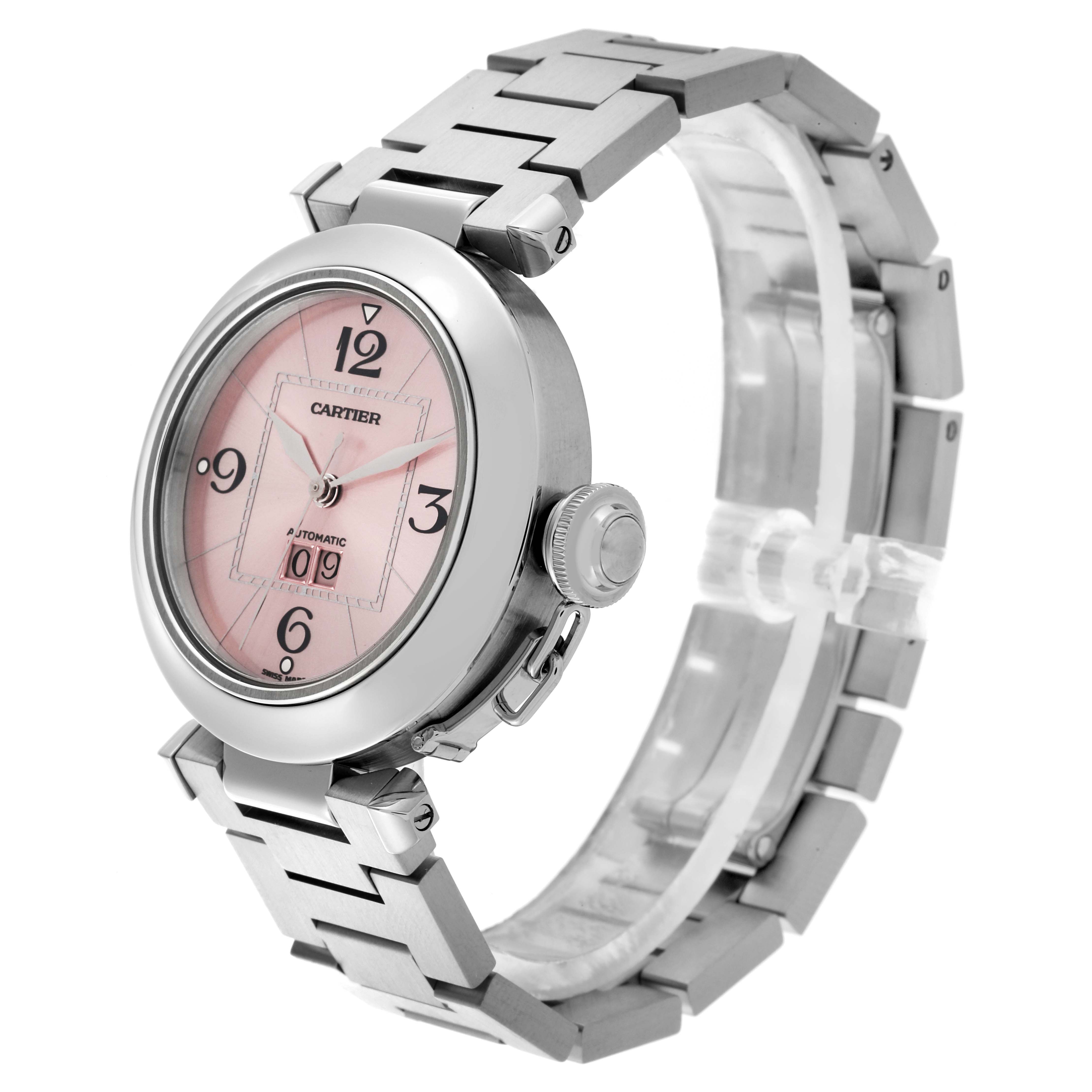 The Cartier Pasha 56624 Women
s Stainless Steel Pink Dial 56624 Women
s Stainless Steel Pink Dial watch is shown at a three-quarter angle, displaying the face, bezel, and partial bracelet.