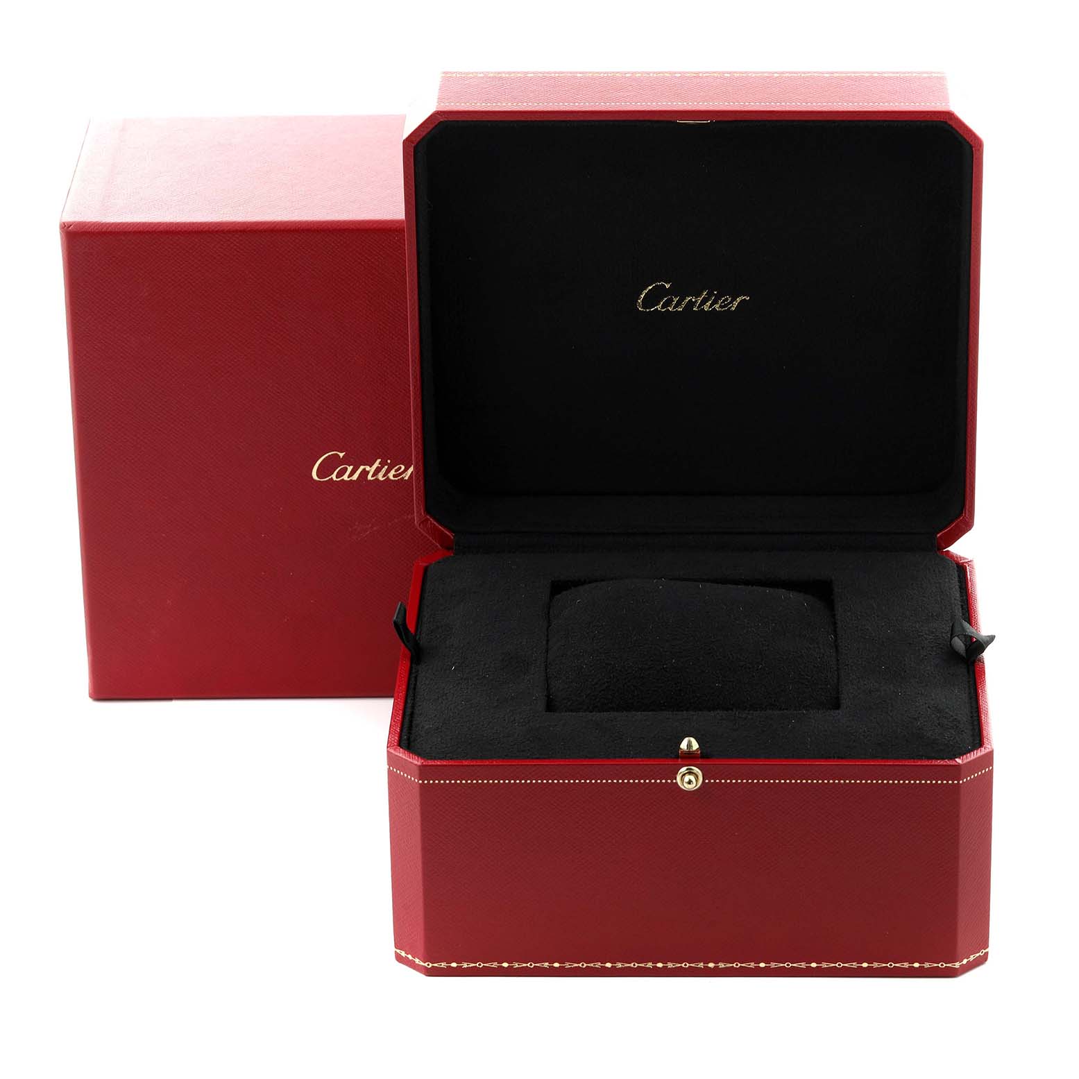 The image shows the open and closed red presentation boxes for the Cartier Pasha W31058M7 Women's Stainless Steel Pink Dial W31058M7 Women's Stainless Steel Pink Dial model watch.