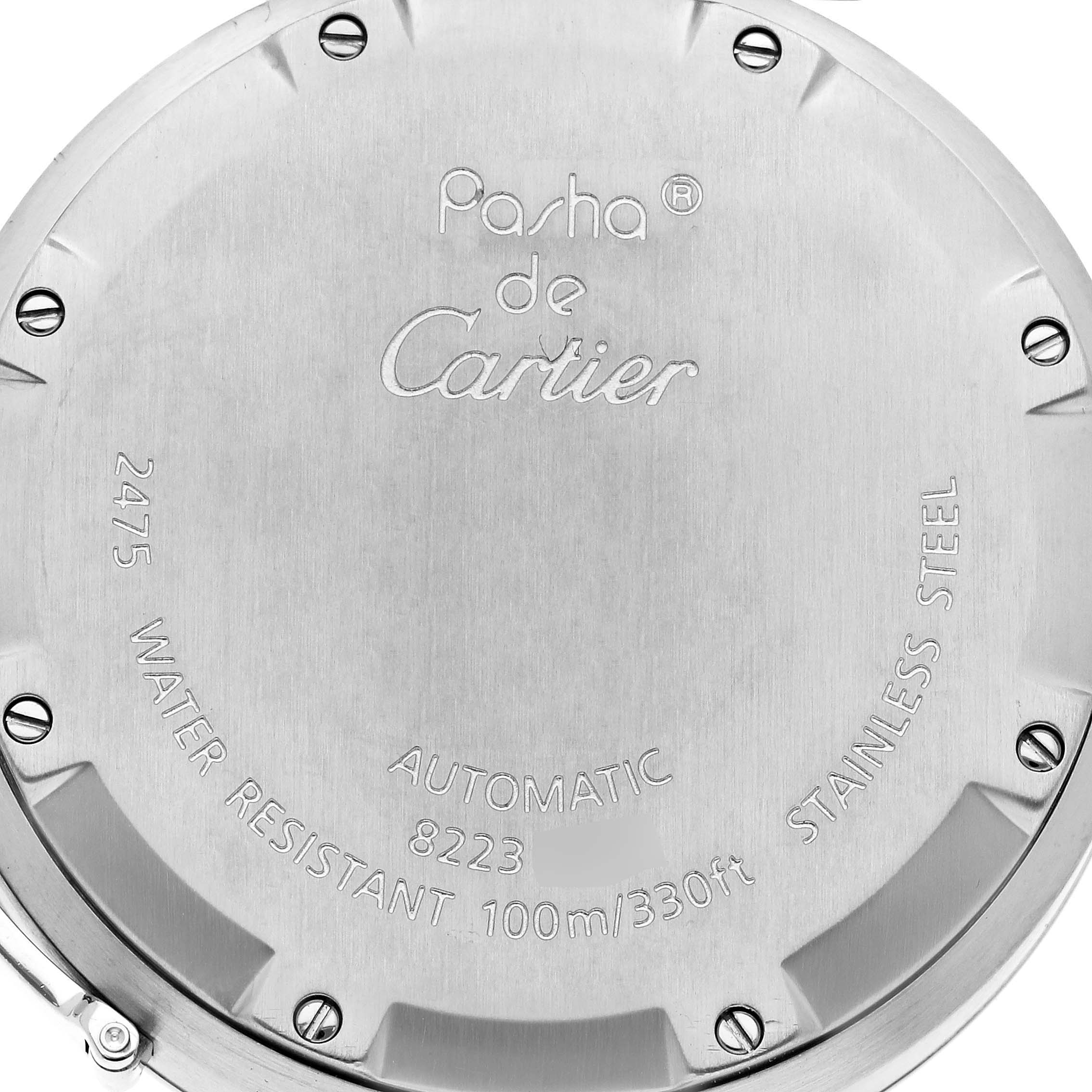 The image shows the back of a Cartier Pasha W31058M7 Women's Stainless Steel Pink Dial W31058M7 Women's Stainless Steel Pink Dial watch, highlighting details like material and water resistance.